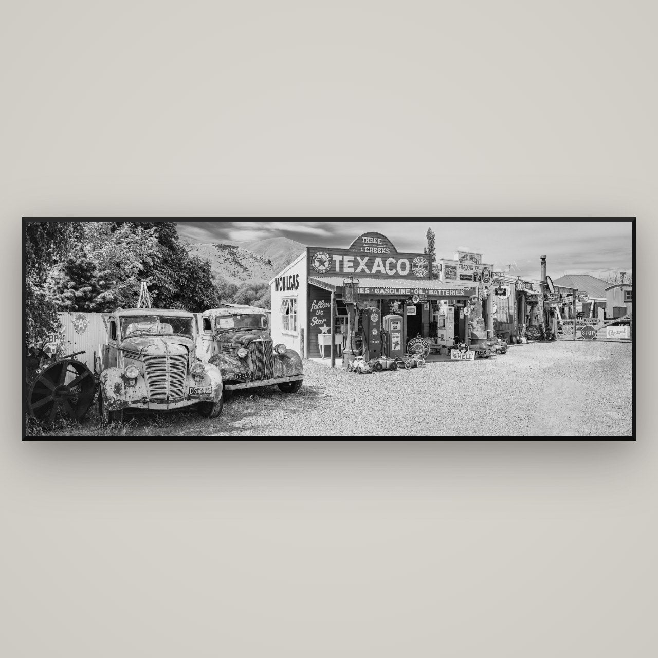 Texaco Time Capsule, Burkes Pass — Basel Black, 198×70 cm. New Zealand fine art wall art by Stephen Milner.