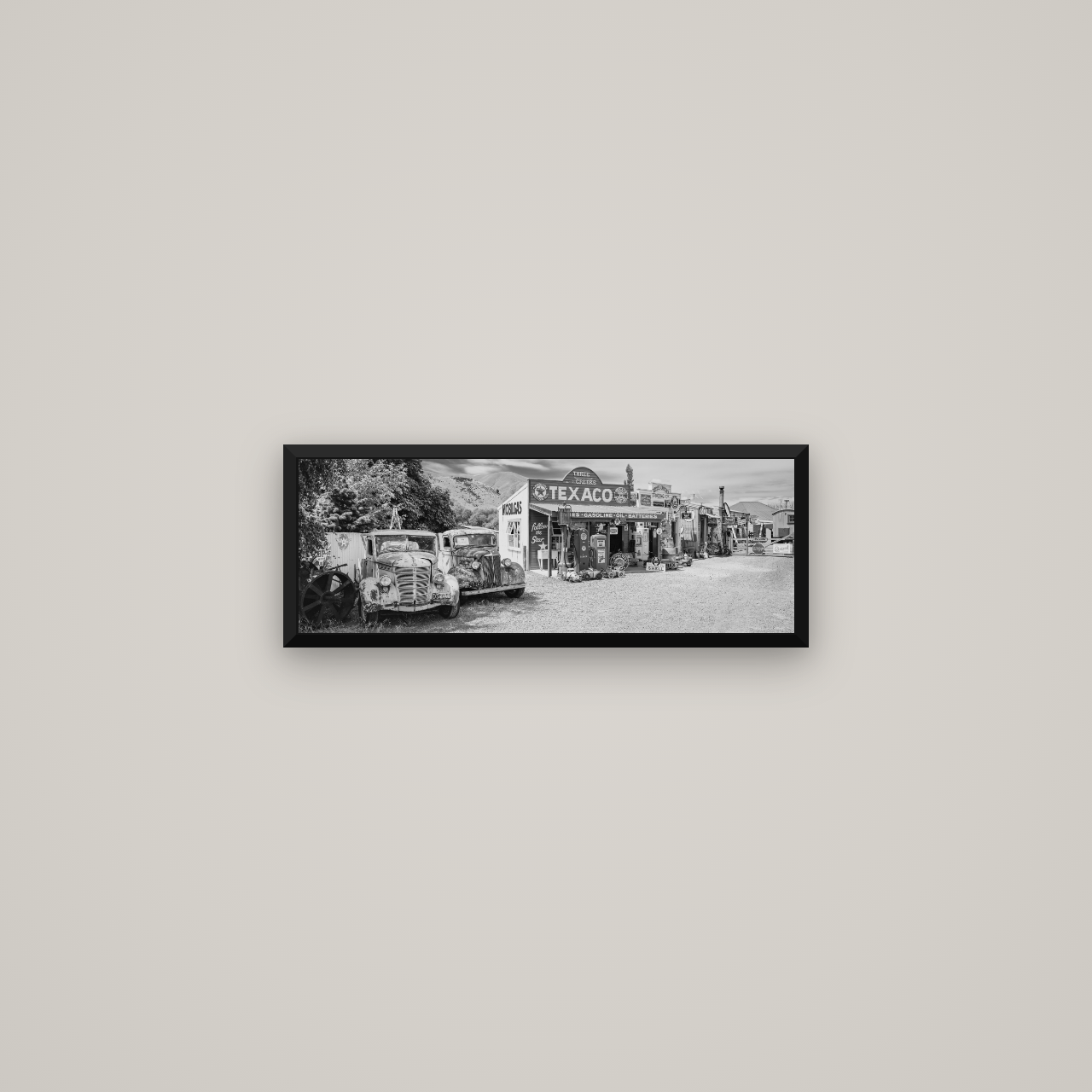 Texaco Time Capsule, Burkes Pass — Basel Black Matte, 57×20 cm. New Zealand fine art wall art by Stephen Milner.