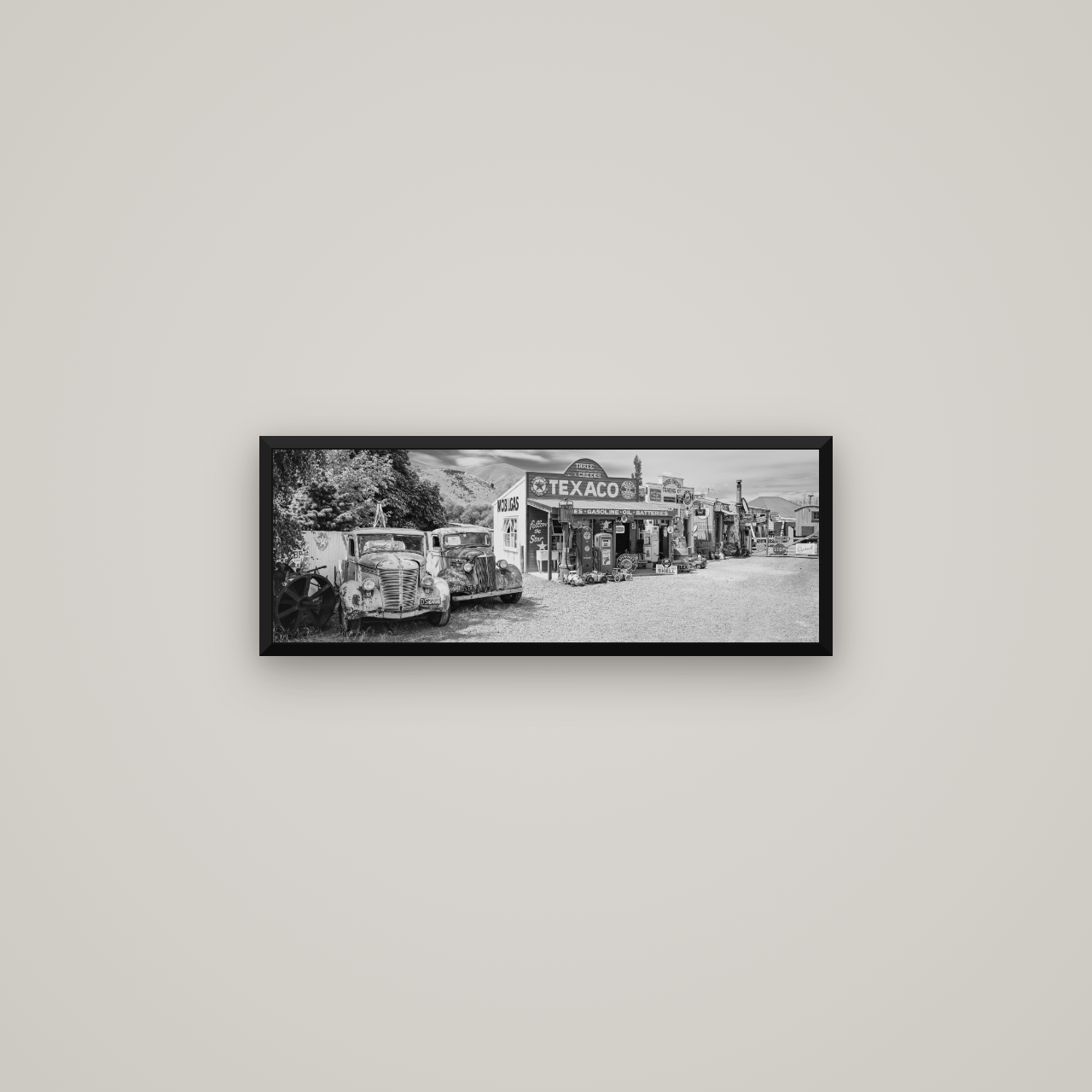 Texaco Time Capsule, Burkes Pass — Basel Black Matte, 68×24 cm. New Zealand fine art wall art by Stephen Milner.