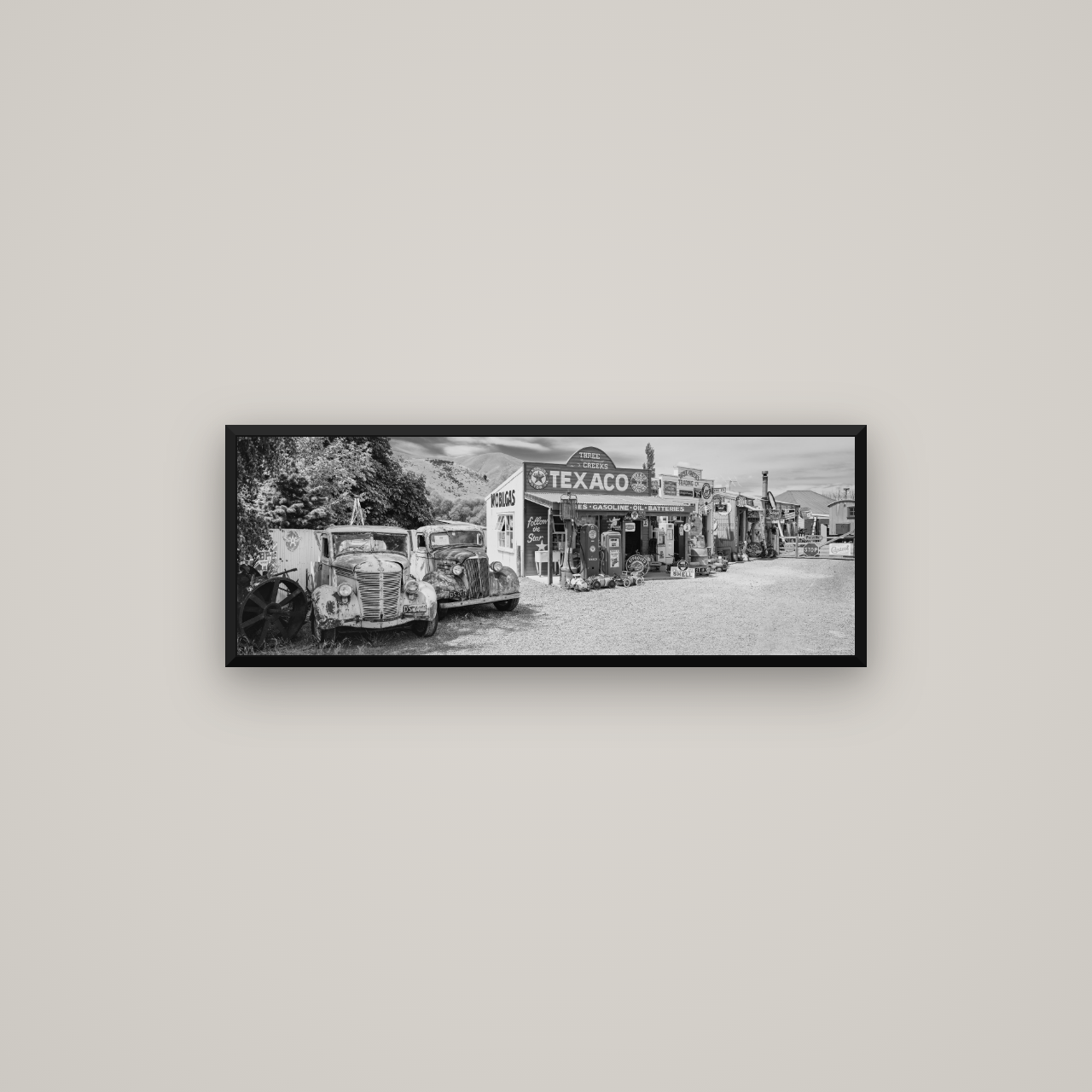 Texaco Time Capsule, Burkes Pass — Basel Black Matte, 85×30 cm. New Zealand fine art wall art by Stephen Milner.