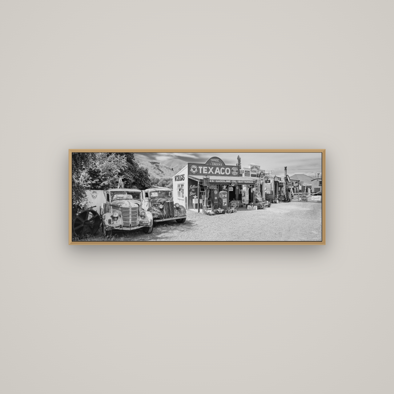 Texaco Time Capsule, Burkes Pass, Basel Natural Oak, 113×40 cm. New Zealand fine art wall art by Stephen Milner.