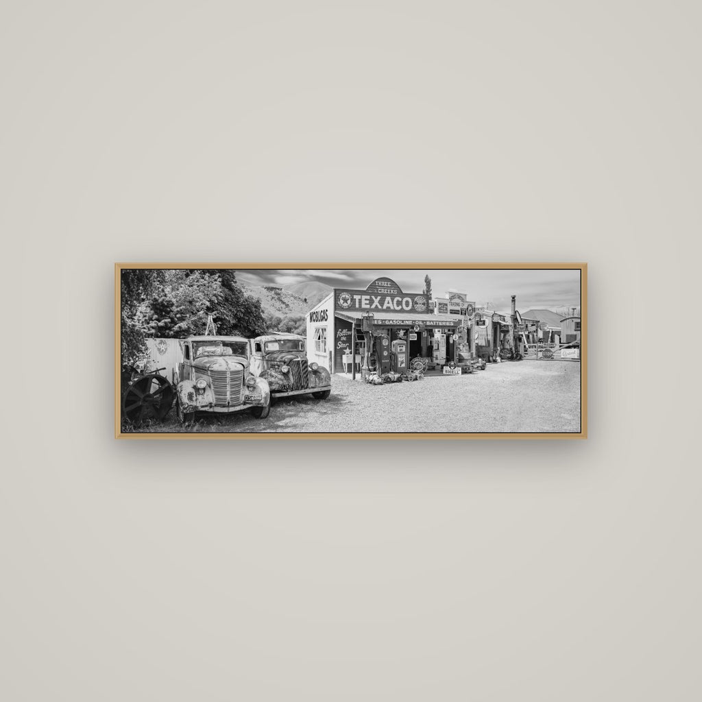 Texaco Time Capsule, Burkes Pass, Basel Natural Oak, 113×40 cm. New Zealand fine art wall art by Stephen Milner.