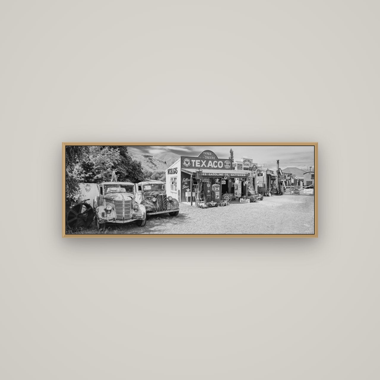 Texaco Time Capsule, Burkes Pass, Basel Natural Oak, 113×40 cm. New Zealand fine art wall art by Stephen Milner.