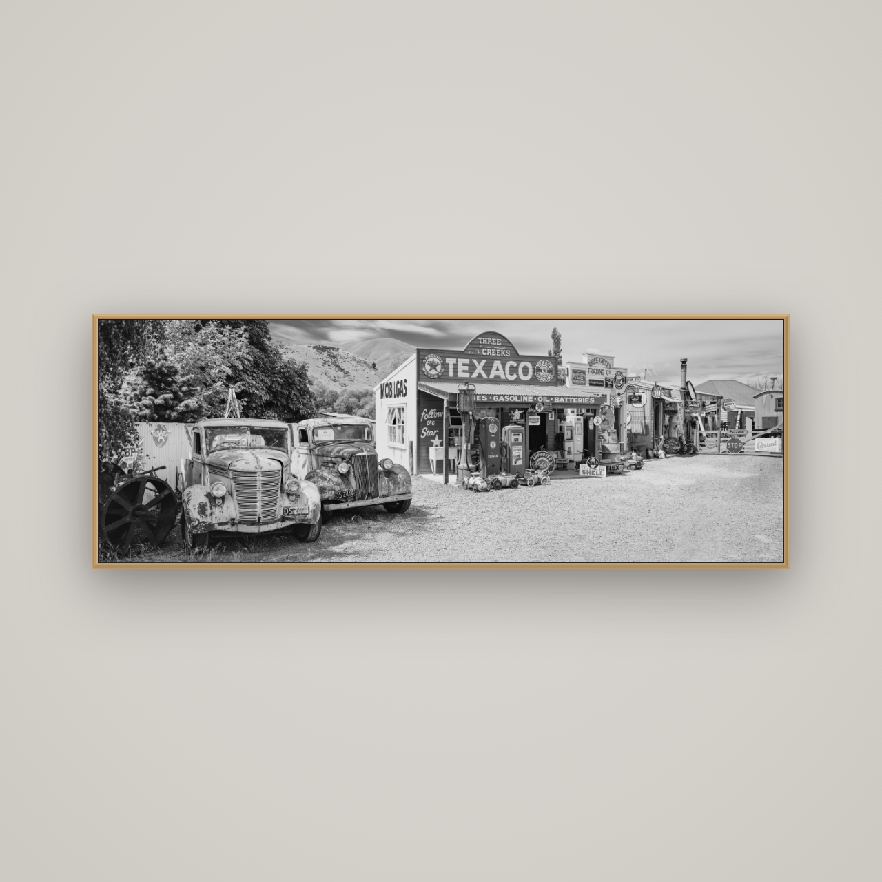Texaco Time Capsule, Burkes Pass, Basel Natural Oak, 170×60 cm. New Zealand fine art wall art by Stephen Milner.