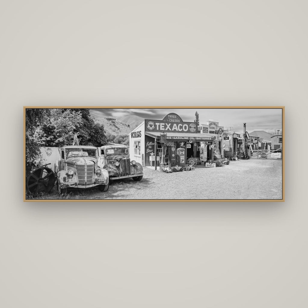 Texaco Time Capsule, Burkes Pass, Basel Natural Oak, 170×60 cm. New Zealand fine art wall art by Stephen Milner.
