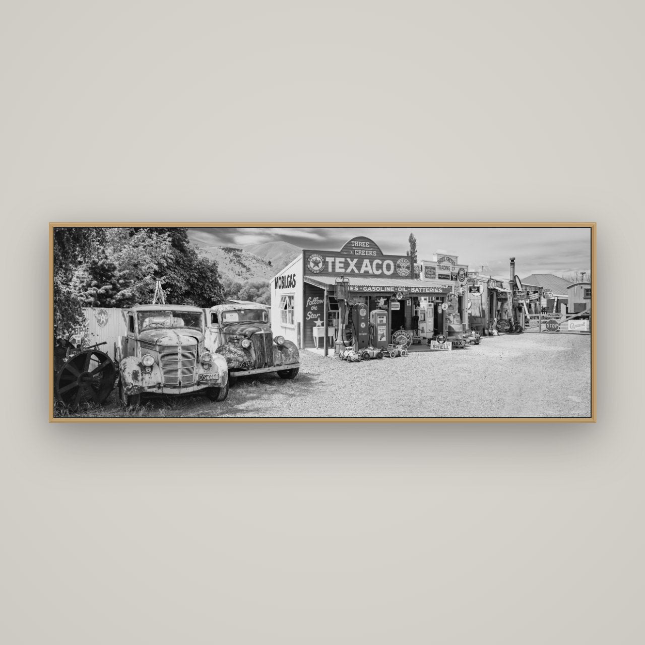 Texaco Time Capsule, Burkes Pass, Basel Natural Oak, 170×60 cm. New Zealand fine art wall art by Stephen Milner.