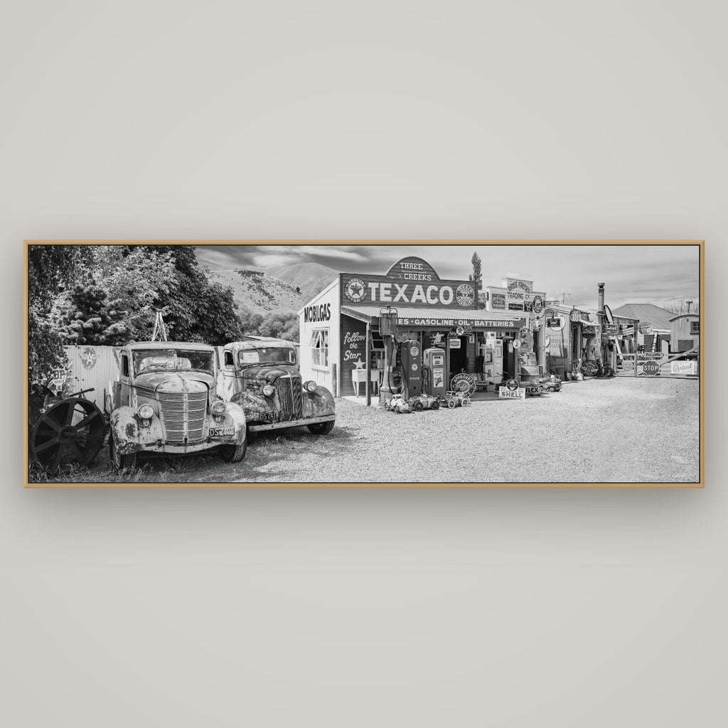 Texaco Time Capsule, Burkes Pass, Basel Natural Oak, 198×70 cm. New Zealand fine art wall art by Stephen Milner.