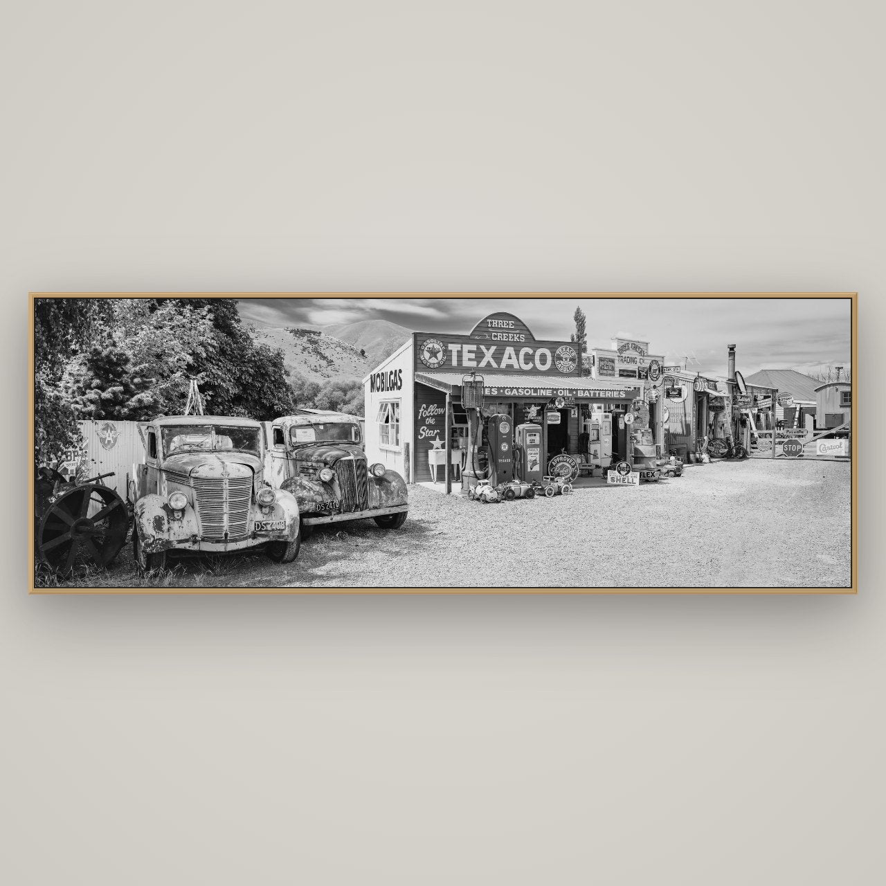 Texaco Time Capsule, Burkes Pass, Basel Natural Oak, 198×70 cm. New Zealand fine art wall art by Stephen Milner.