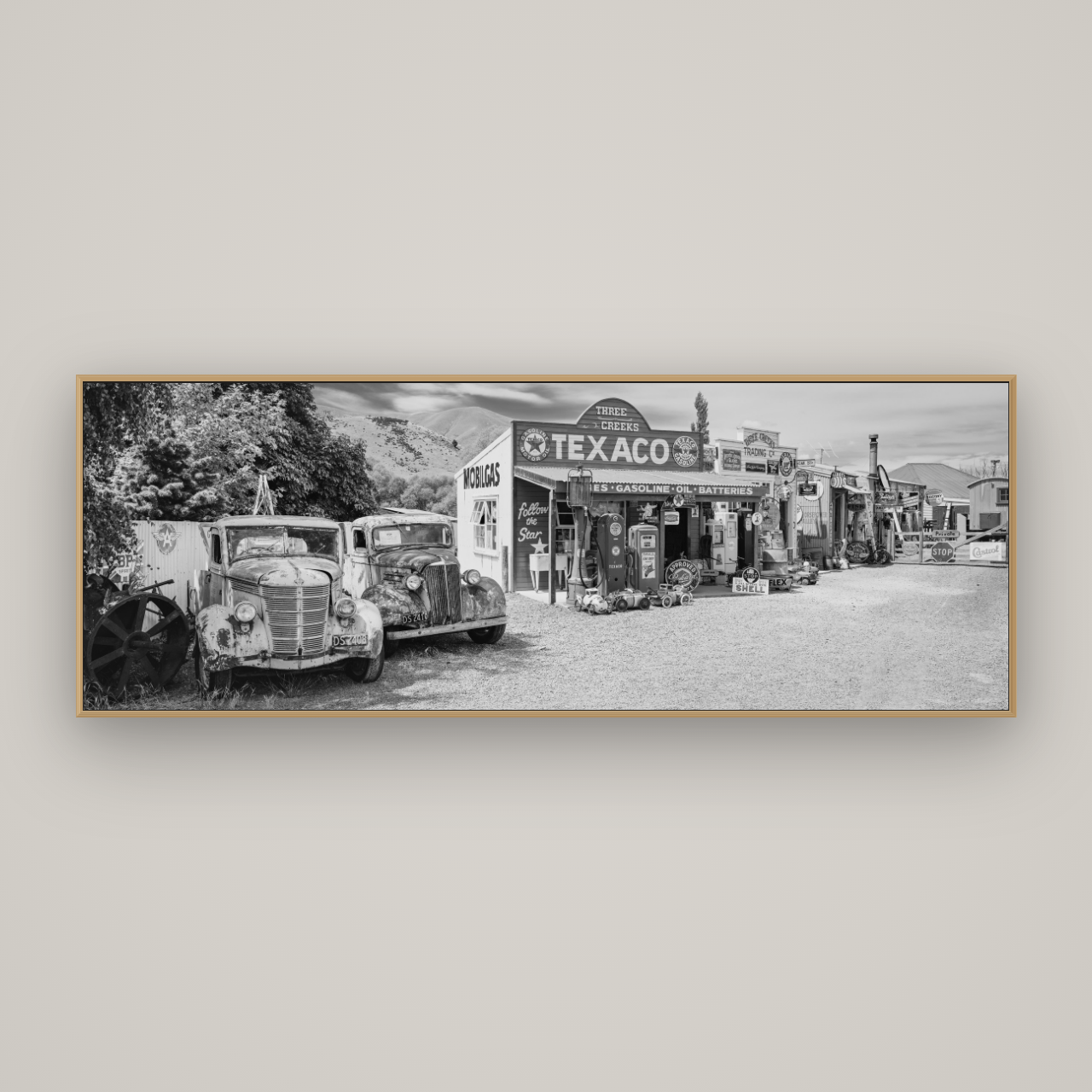 Texaco Time Capsule, Burkes Pass, Basel Natural Oak, 198×70 cm. New Zealand fine art wall art by Stephen Milner.