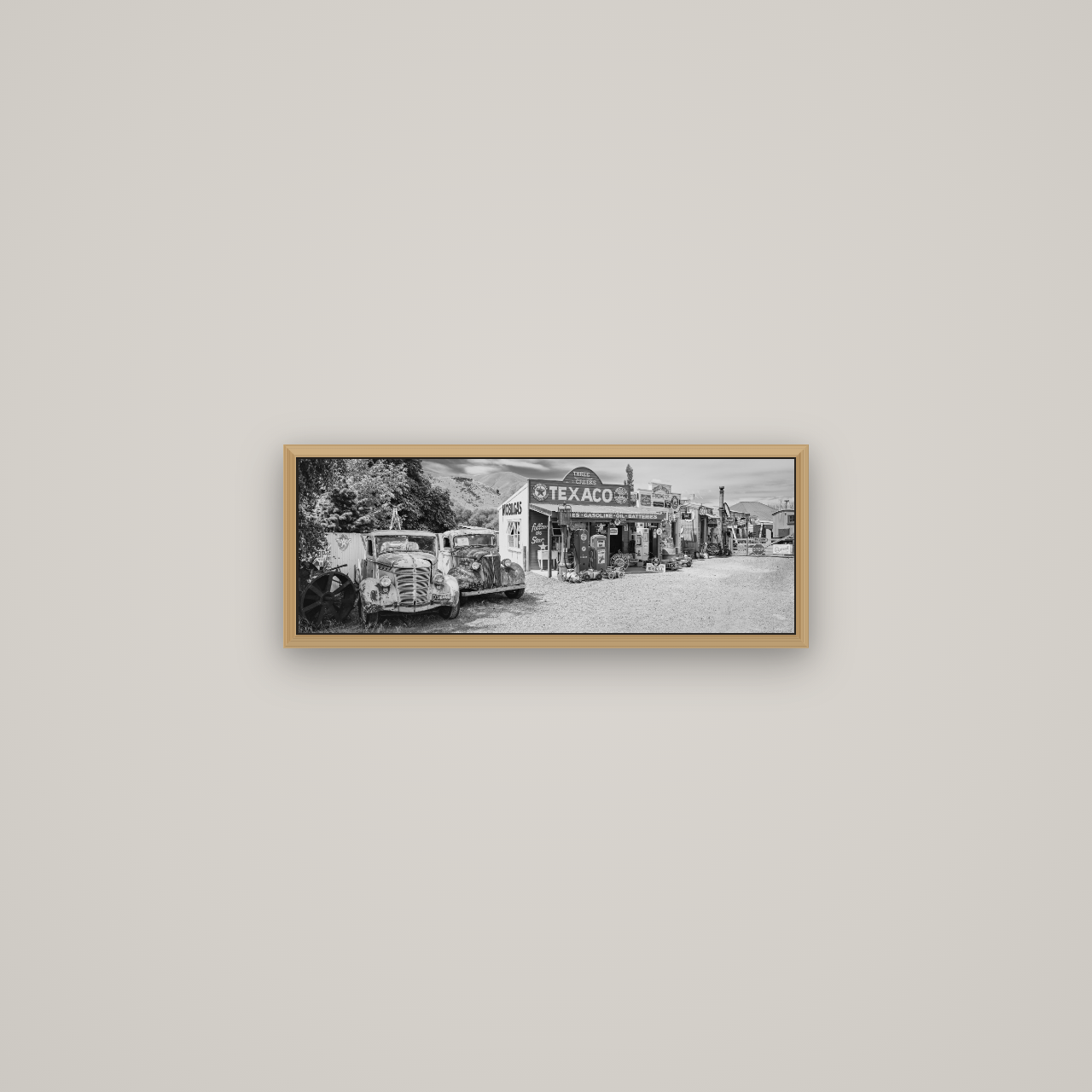 Texaco Time Capsule, Burkes Pass, Basel Natural Oak, 57×20 cm. New Zealand fine art wall art by Stephen Milner.
