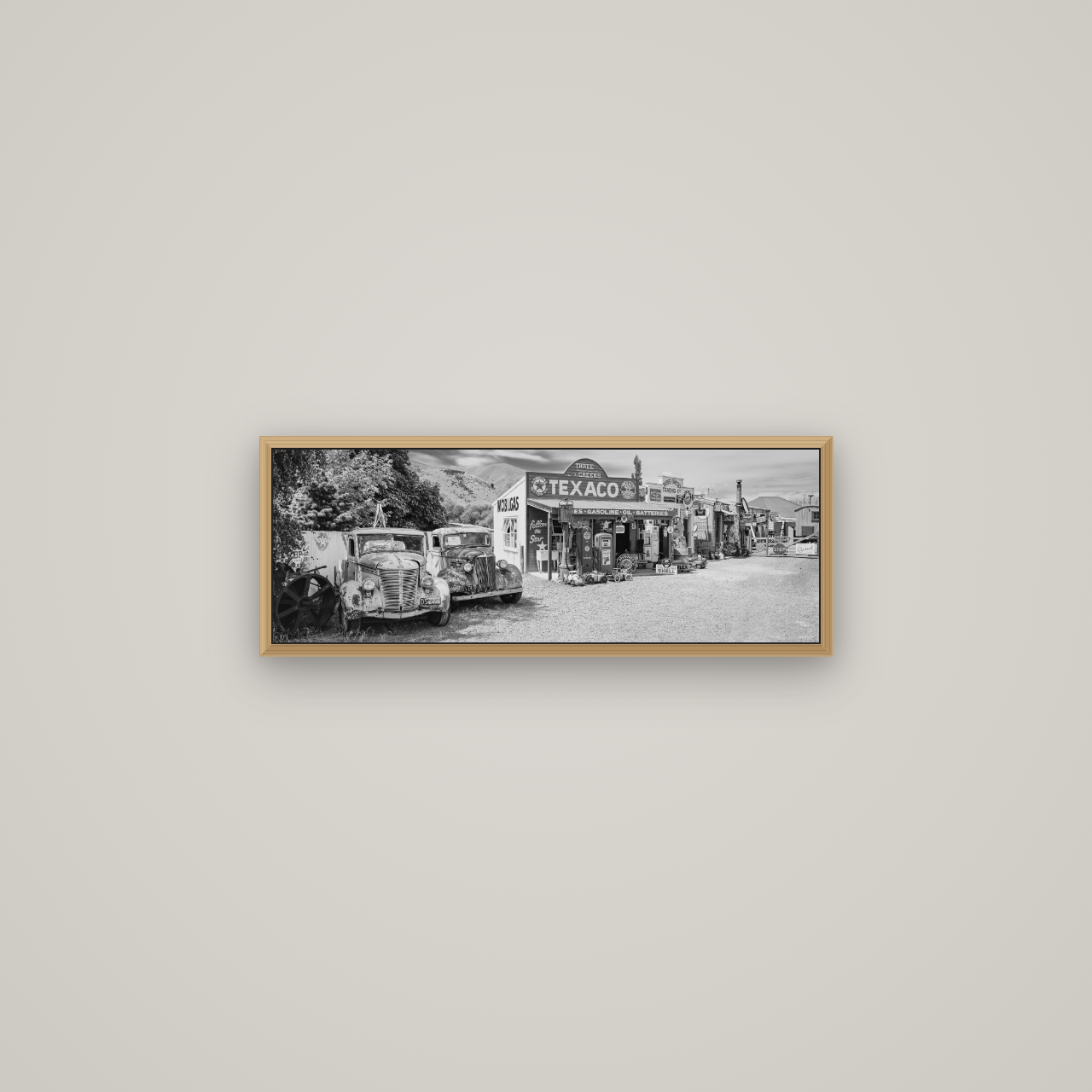 Texaco Time Capsule, Burkes Pass, Basel Natural Oak, 68×24 cm. New Zealand fine art wall art by Stephen Milner.