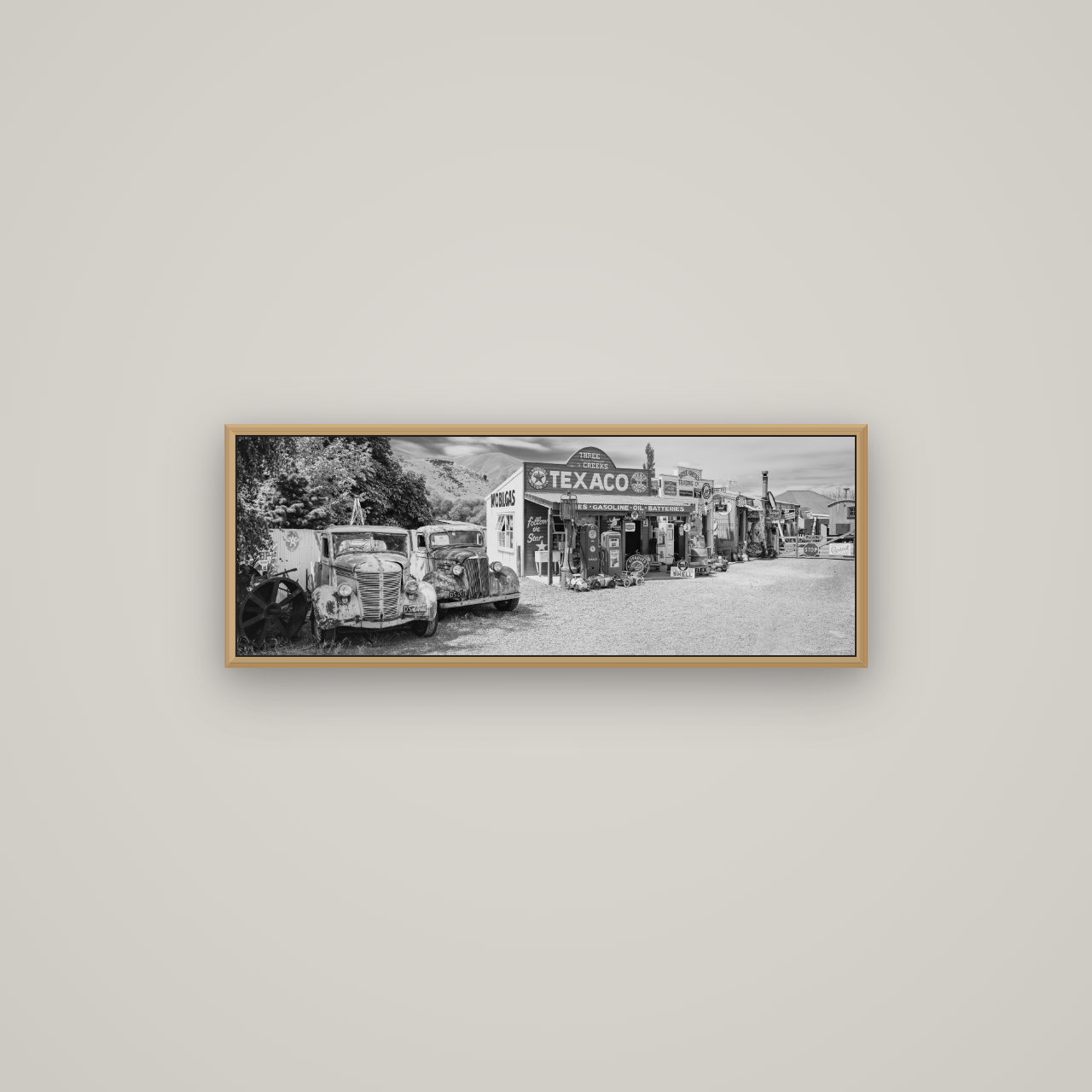 Texaco Time Capsule, Burkes Pass, Basel Natural Oak, 85×30 cm. New Zealand fine art wall art by Stephen Milner.