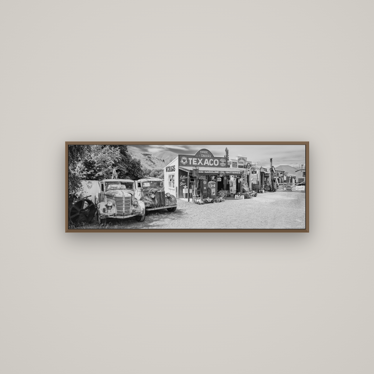 Texaco Time Capsule, Burkes Pass, Basel Walnut, 113×40 cm. New Zealand fine art wall art by Stephen Milner.