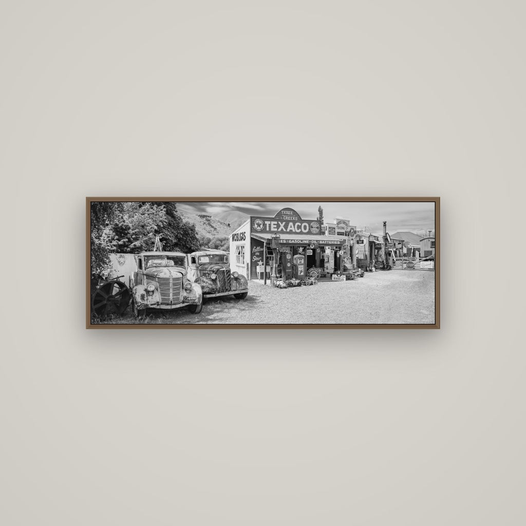 Texaco Time Capsule, Burkes Pass, Basel Walnut, 113×40 cm. New Zealand fine art wall art by Stephen Milner.
