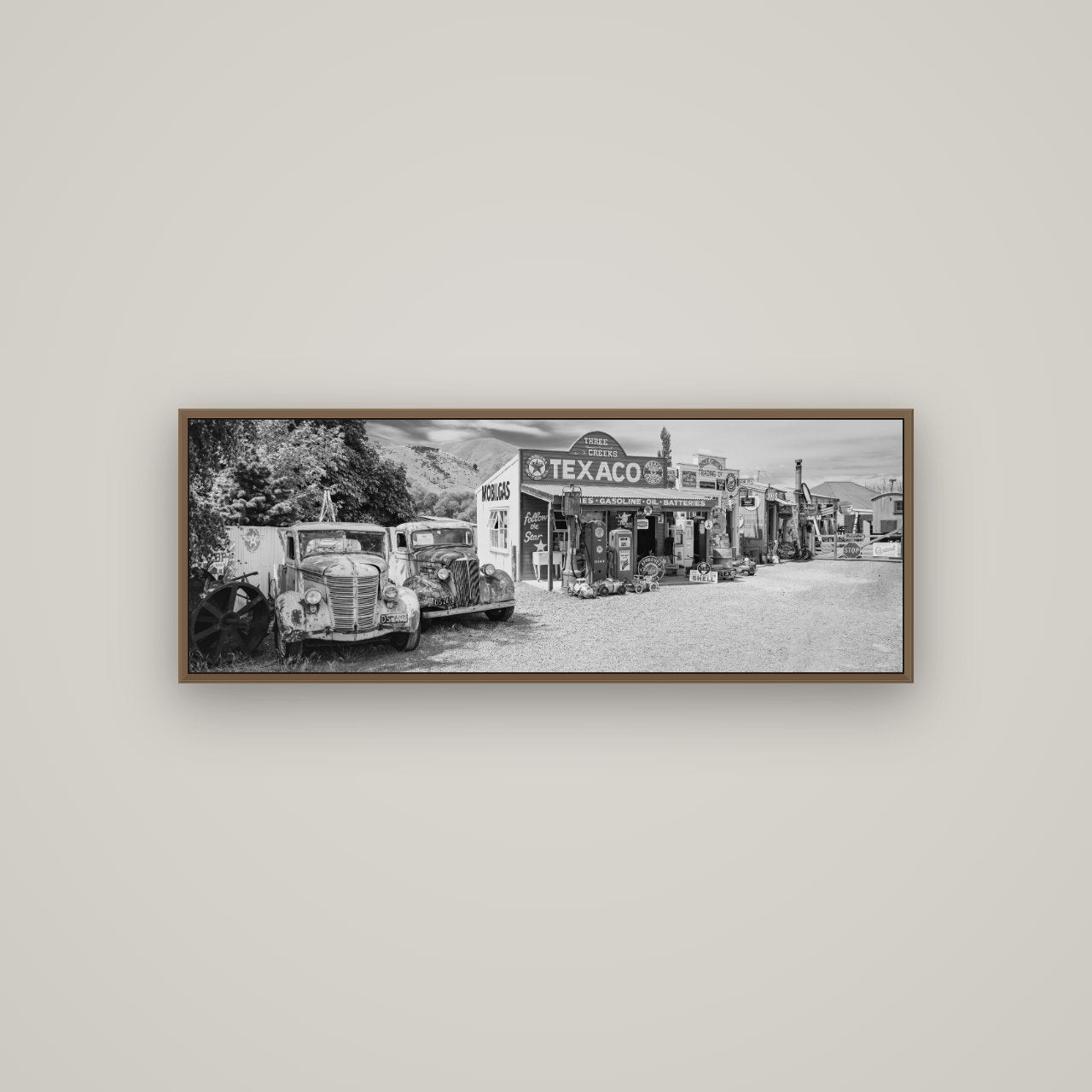 Texaco Time Capsule, Burkes Pass, Basel Walnut, 113×40 cm. New Zealand fine art wall art by Stephen Milner.