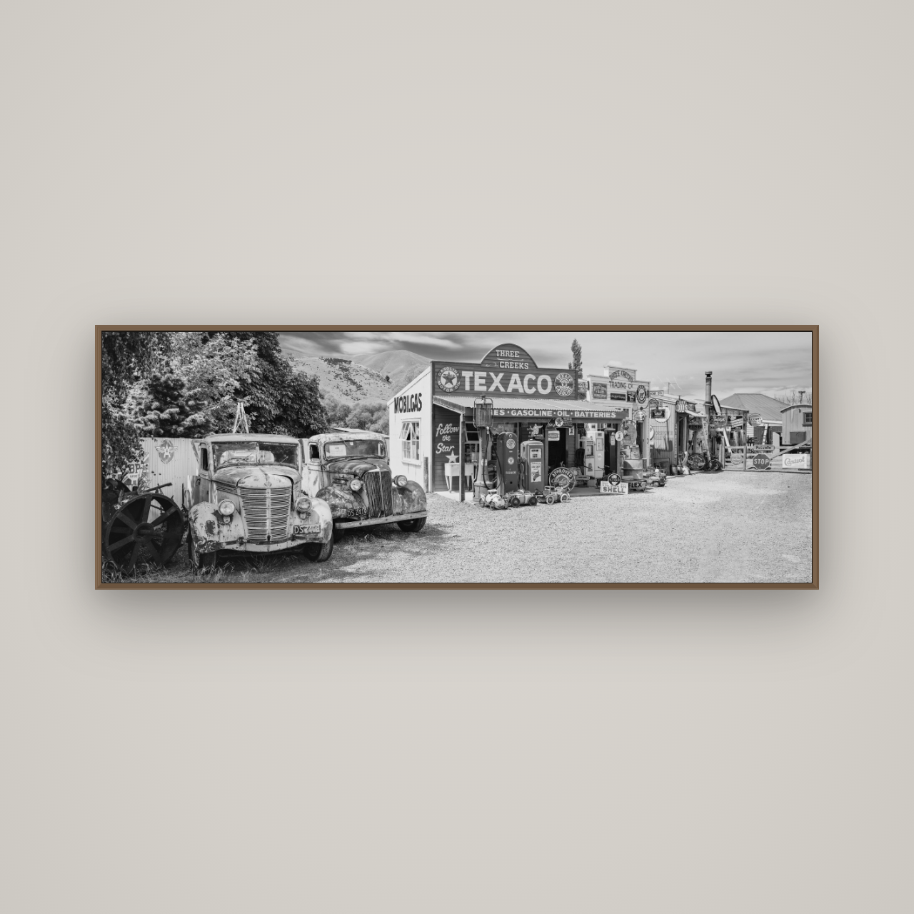 Texaco Time Capsule, Burkes Pass, Basel Walnut, 170×60 cm. New Zealand fine art wall art by Stephen Milner.