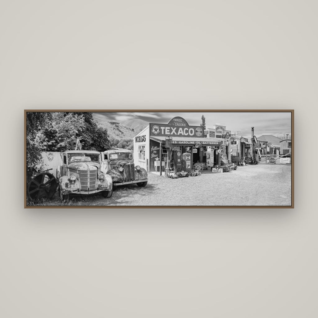 Texaco Time Capsule, Burkes Pass, Basel Walnut, 170×60 cm. New Zealand fine art wall art by Stephen Milner.