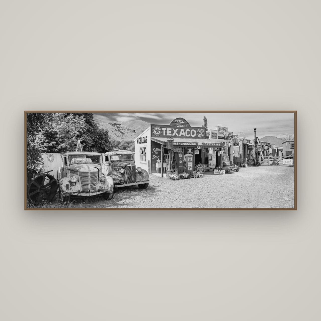 Texaco Time Capsule, Burkes Pass, Basel Walnut, 170×60 cm. New Zealand fine art wall art by Stephen Milner.