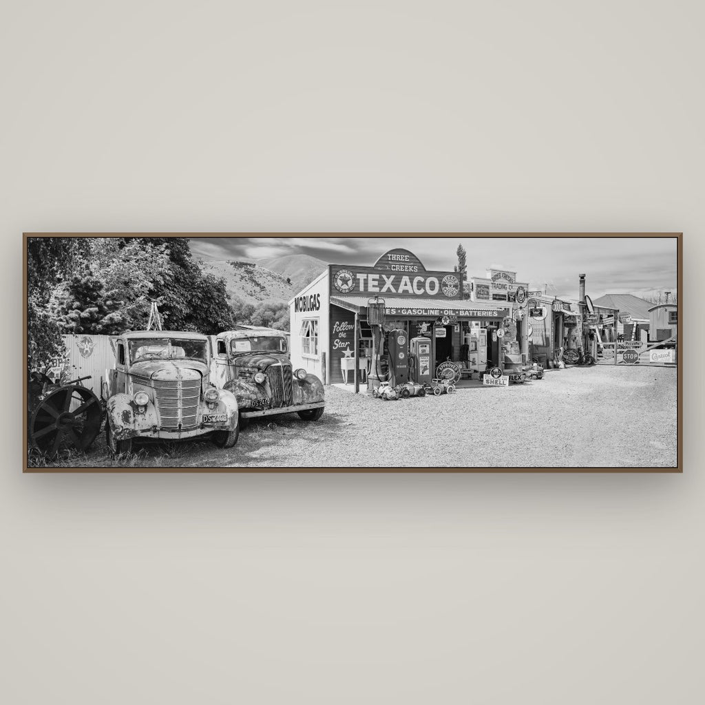 Texaco Time Capsule, Burkes Pass, Basel Walnut, 198×70 cm. New Zealand fine art wall art by Stephen Milner.