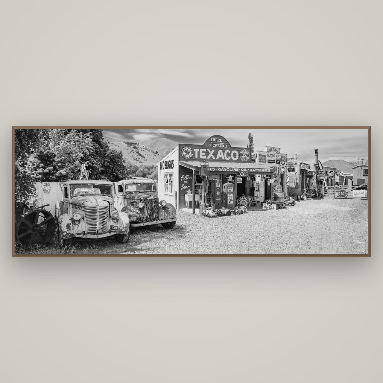 Texaco Time Capsule, Burkes Pass, Basel Walnut, 198×70 cm. New Zealand fine art wall art by Stephen Milner.