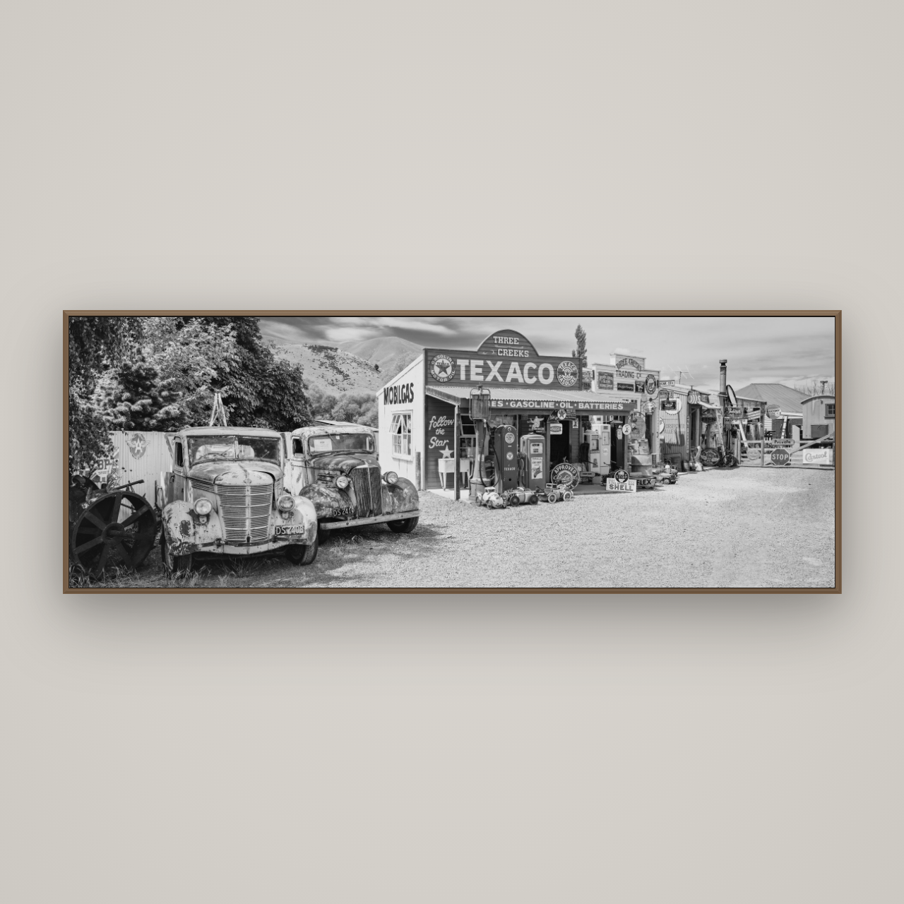 Texaco Time Capsule, Burkes Pass, Basel Walnut, 198×70 cm. New Zealand fine art wall art by Stephen Milner.
