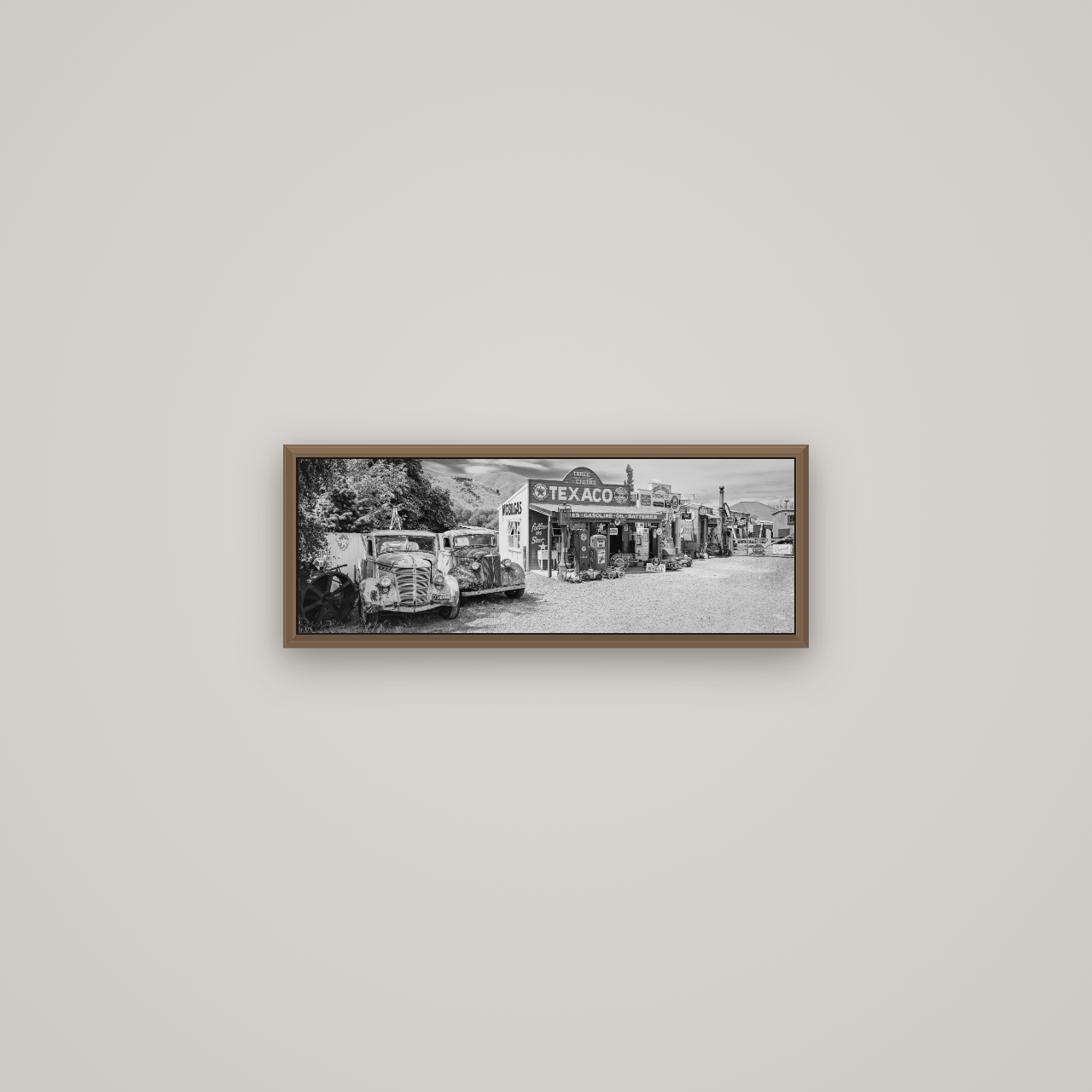 Texaco Time Capsule, Burkes Pass, Basel Walnut, 57×20 cm. New Zealand fine art wall art by Stephen Milner.