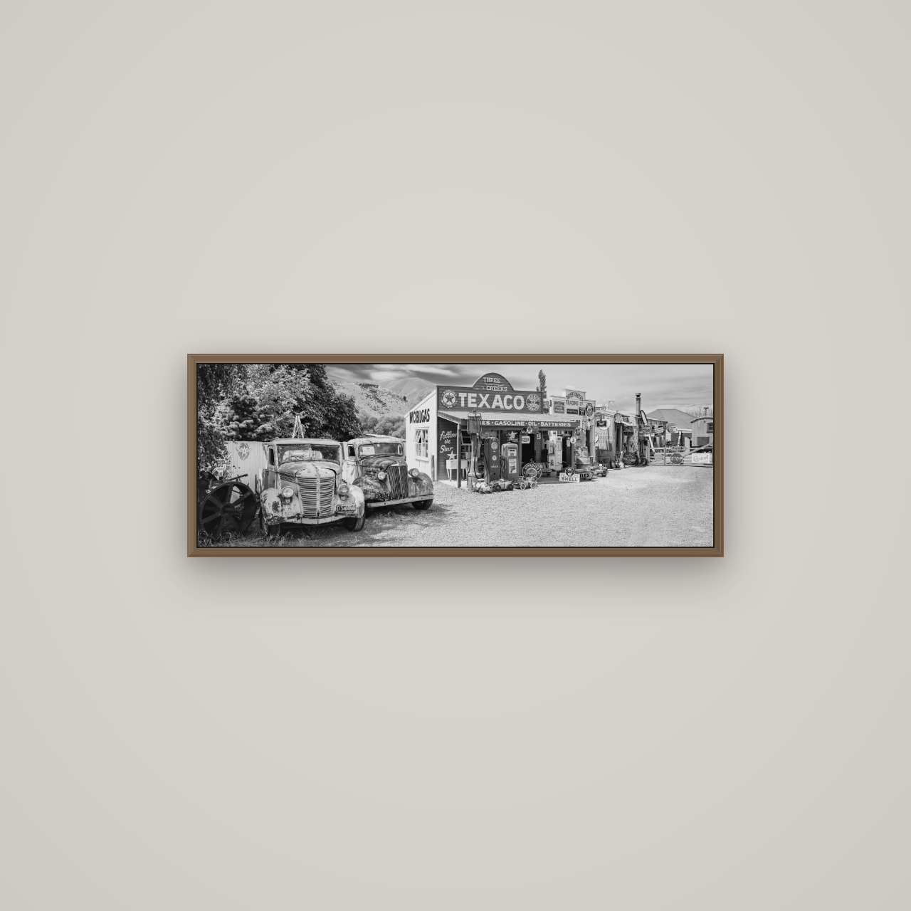 Texaco Time Capsule, Burkes Pass, Basel Walnut, 85×30 cm. New Zealand fine art wall art by Stephen Milner.