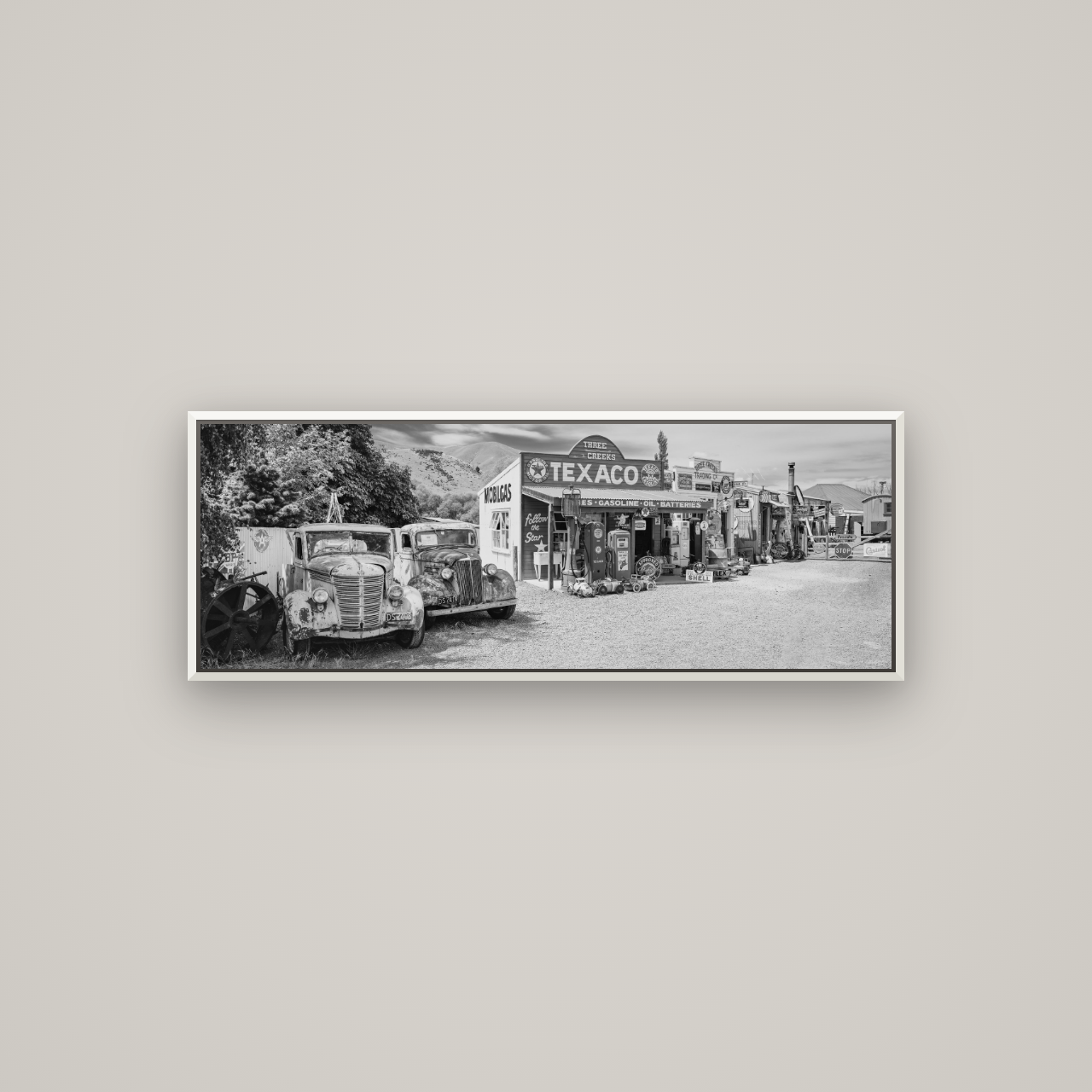 Texaco Time Capsule, Burkes Pass — Basel White, 113×40 cm. New Zealand fine art wall art by Stephen Milner.