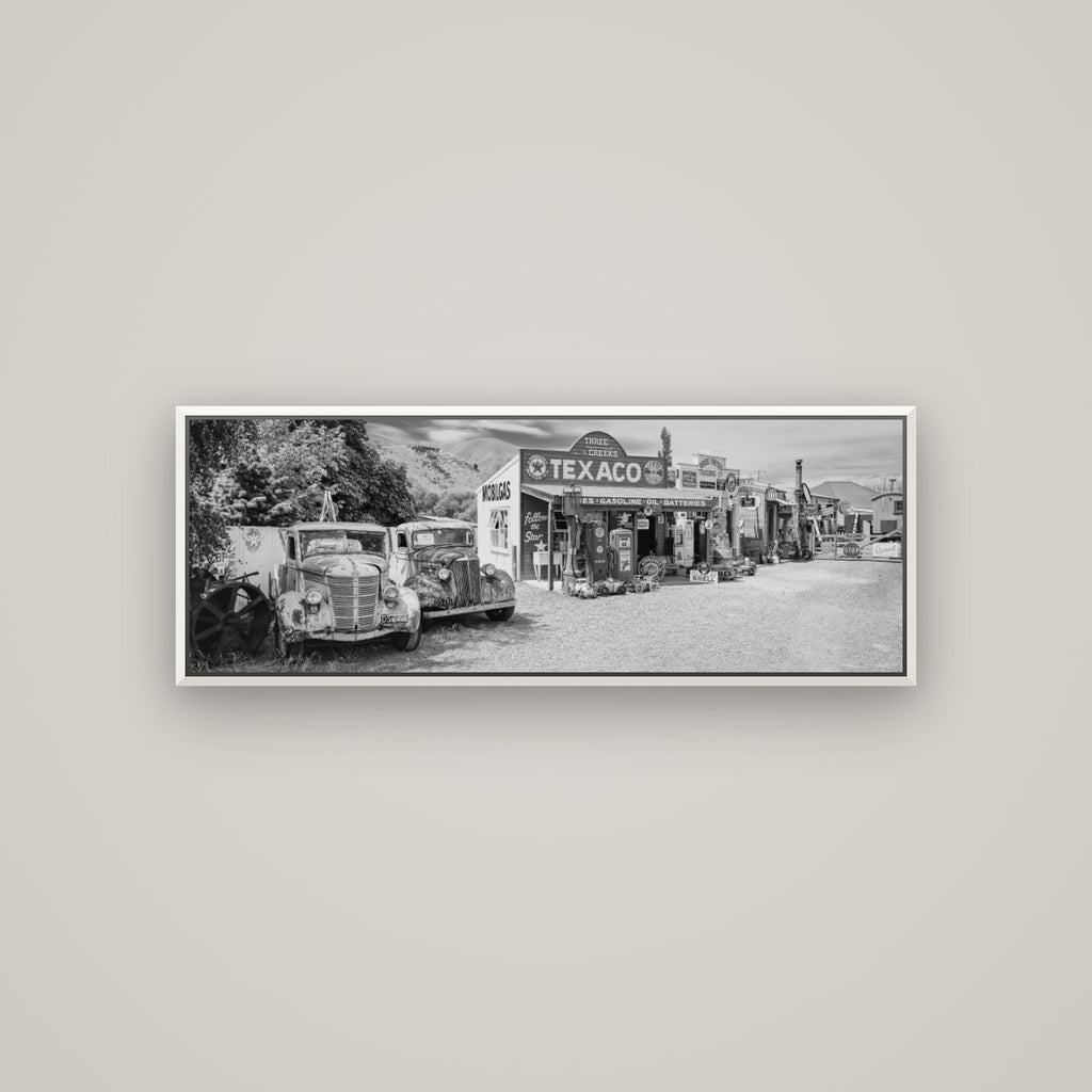 Texaco Time Capsule, Burkes Pass — Basel White, 113×40 cm. New Zealand fine art wall art by Stephen Milner.