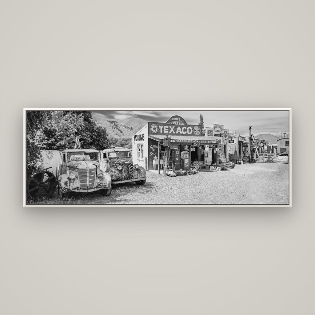 Texaco Time Capsule, Burkes Pass — Basel White, 170×60 cm. New Zealand fine art wall art by Stephen Milner.