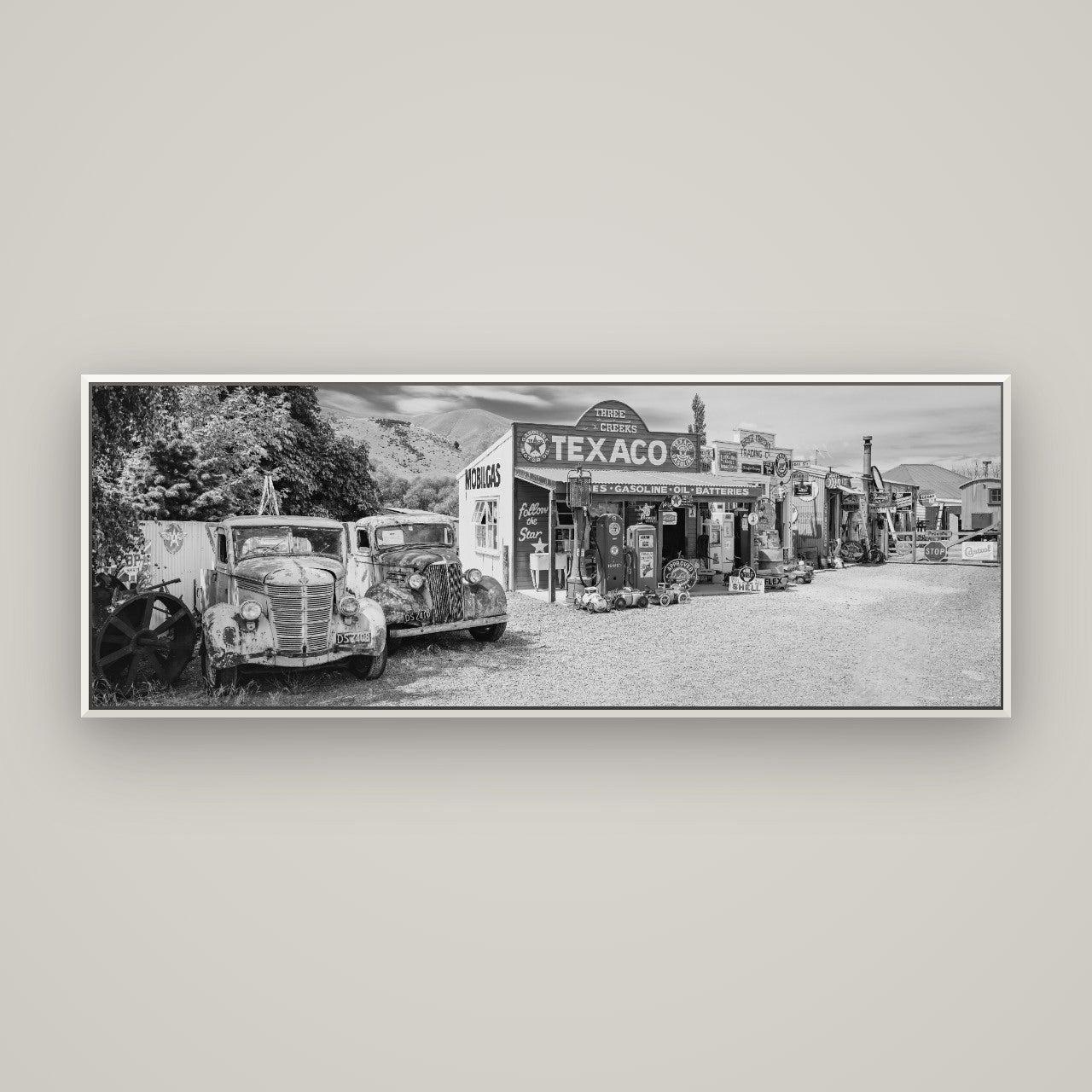 Texaco Time Capsule, Burkes Pass — Basel White, 170×60 cm. New Zealand fine art wall art by Stephen Milner.