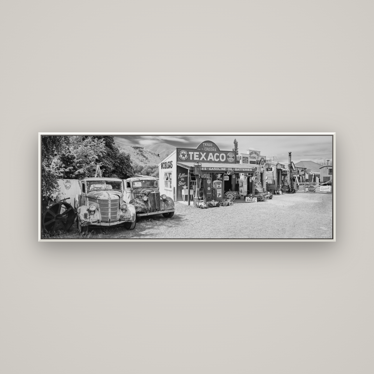 Texaco Time Capsule, Burkes Pass — Basel White, 170×60 cm. New Zealand fine art wall art by Stephen Milner.