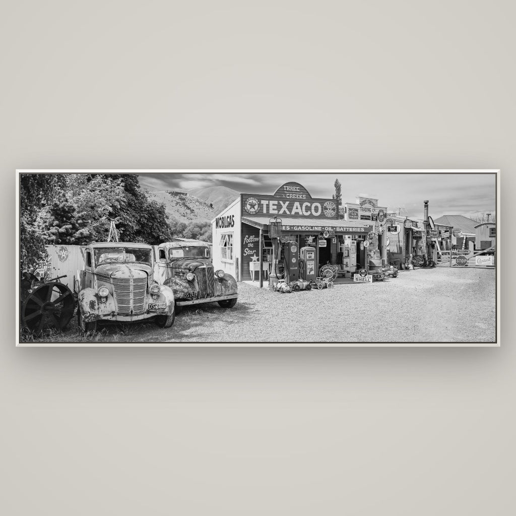 Texaco Time Capsule, Burkes Pass — Basel White, 198×70 cm. New Zealand fine art wall art by Stephen Milner.