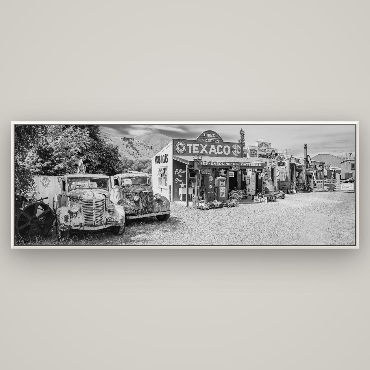 Texaco Time Capsule, Burkes Pass — Basel White, 198×70 cm. New Zealand fine art wall art by Stephen Milner.