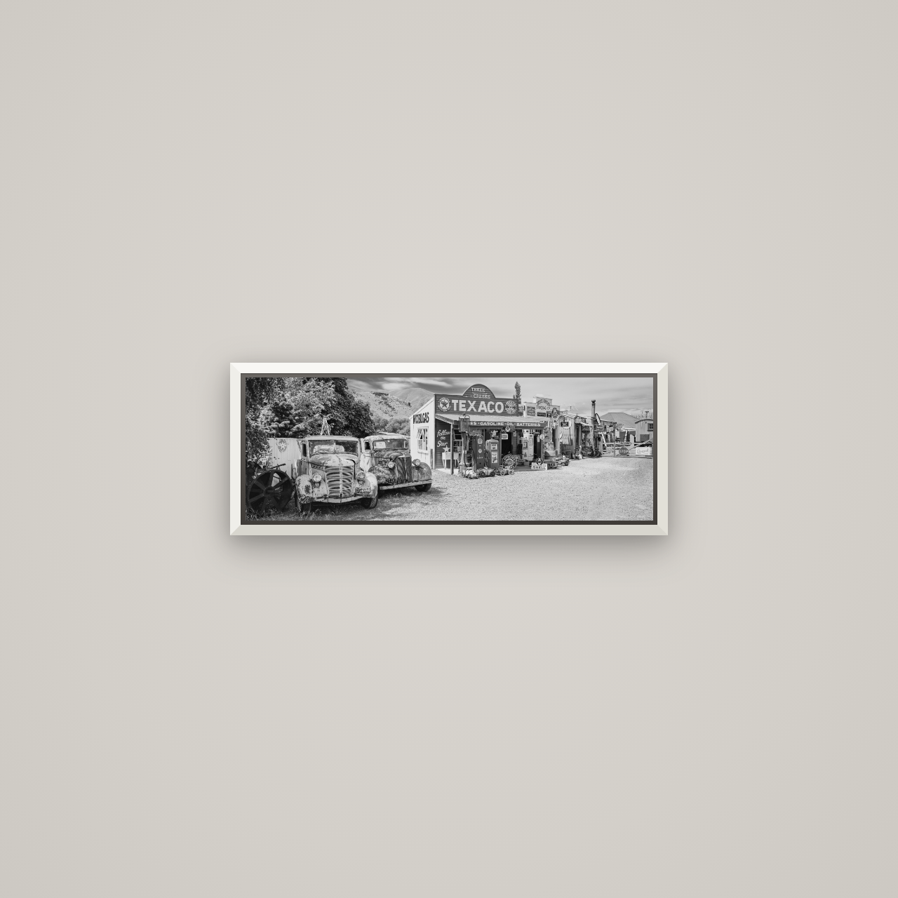 Texaco Time Capsule, Burkes Pass — Basel White, 57×20 cm. New Zealand fine art wall art by Stephen Milner.