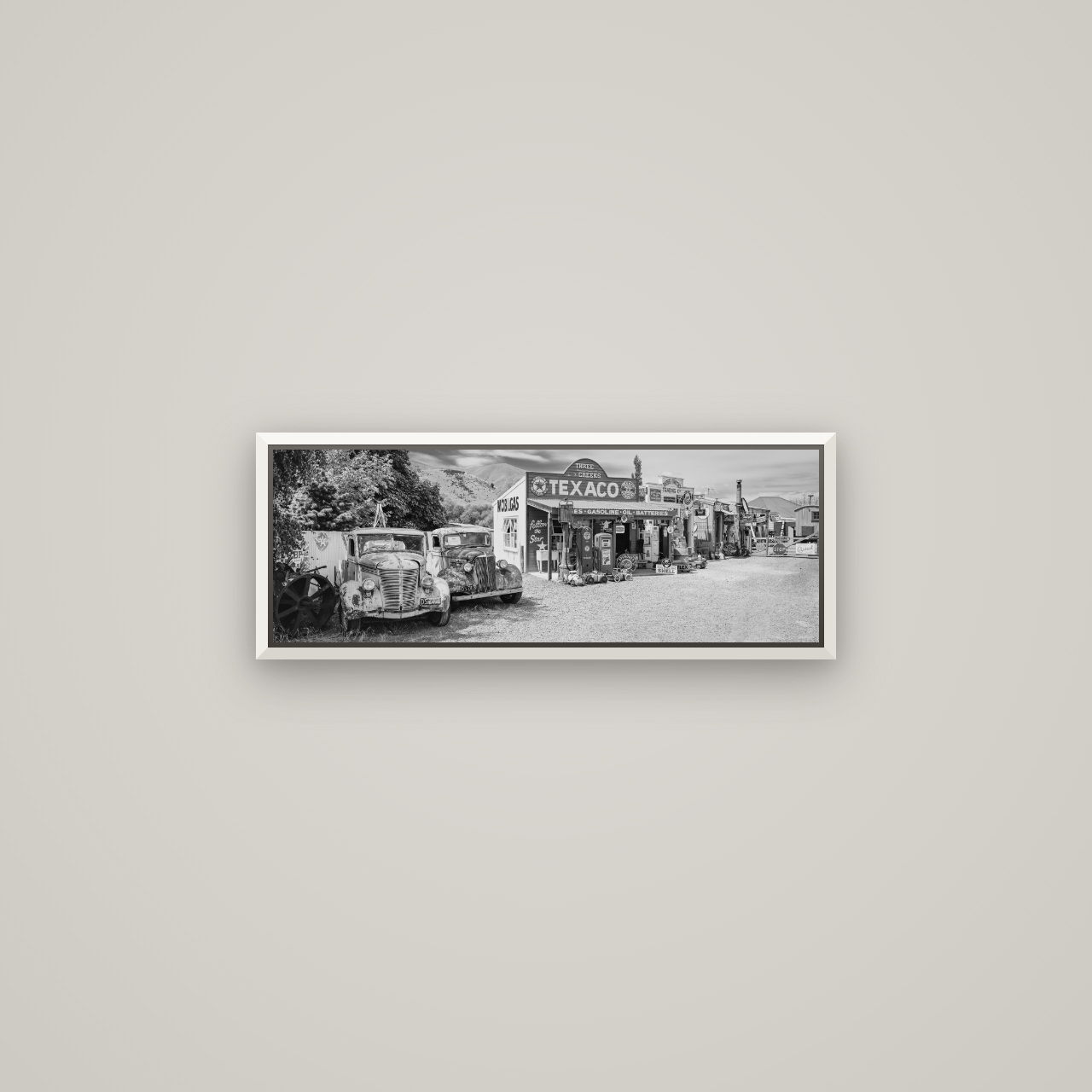 Texaco Time Capsule, Burkes Pass — Basel White, 68×24 cm. New Zealand fine art wall art by Stephen Milner.