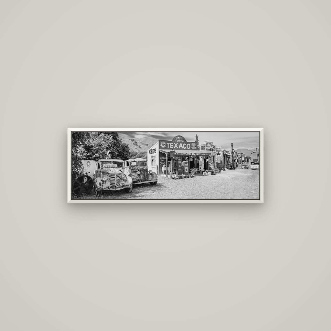 Texaco Time Capsule, Burkes Pass — Basel White, 85×30 cm. New Zealand fine art wall art by Stephen Milner.