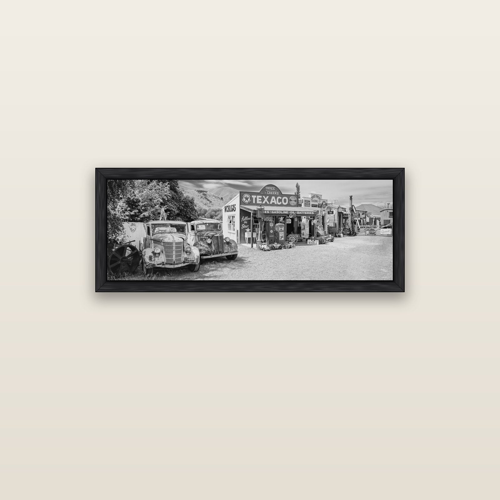Texaco Time Capsule, Burkes Pass — black float frame canvas, 102 × 36 cm. New Zealand fine art landscape wall art by Stephen Milner.