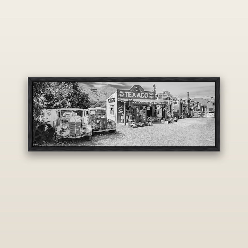 Texaco Time Capsule, Burkes Pass — black float frame canvas, 152 × 56 cm. New Zealand fine art landscape wall art by Stephen Milner.