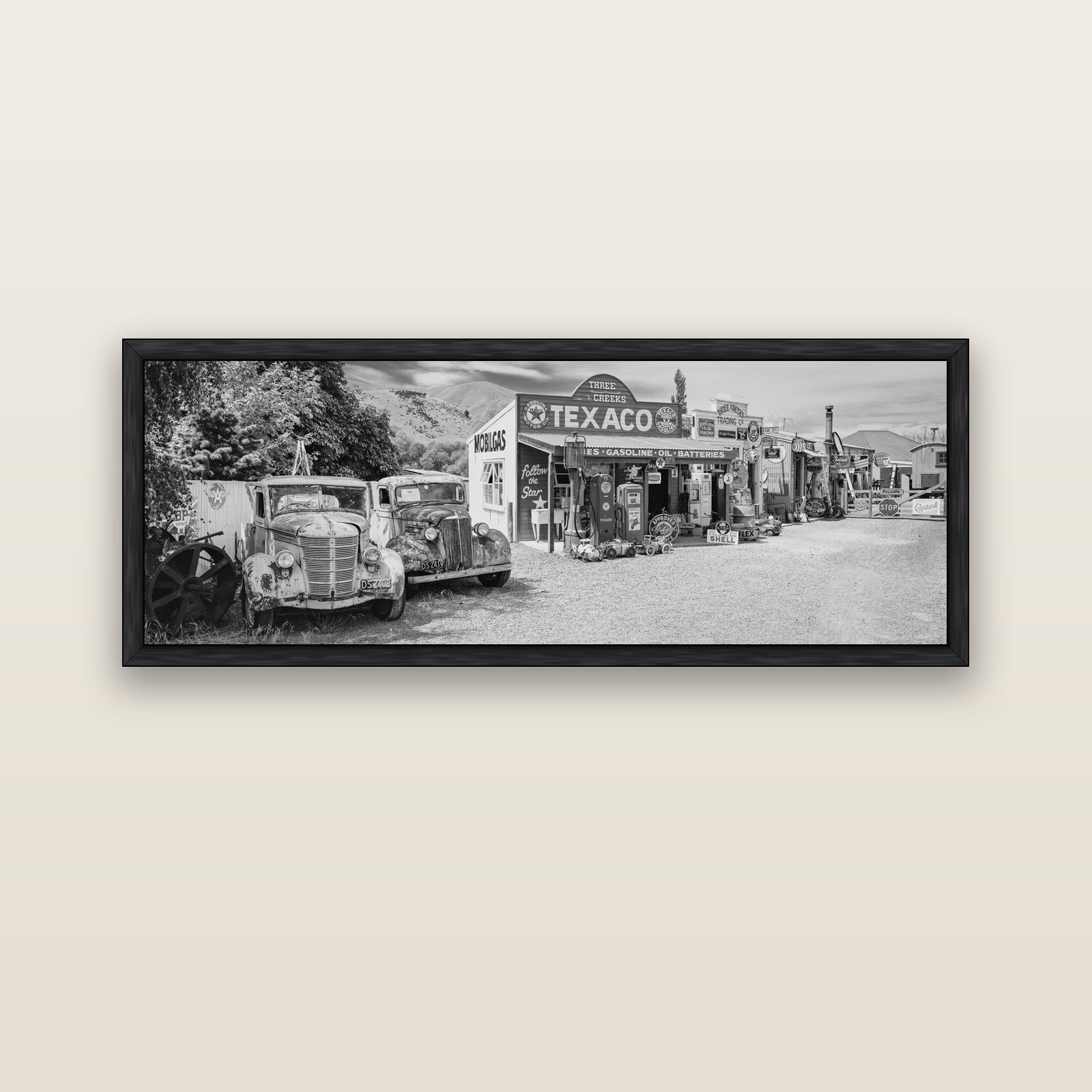 Texaco Time Capsule, Burkes Pass — black float frame canvas, 152 × 56 cm. New Zealand fine art landscape wall art by Stephen Milner.