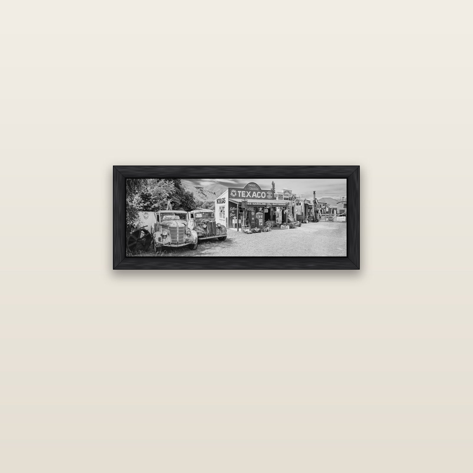 Texaco Time Capsule, Burkes Pass — black float frame canvas, 71 × 25 cm. New Zealand fine art landscape wall art by Stephen Milner.