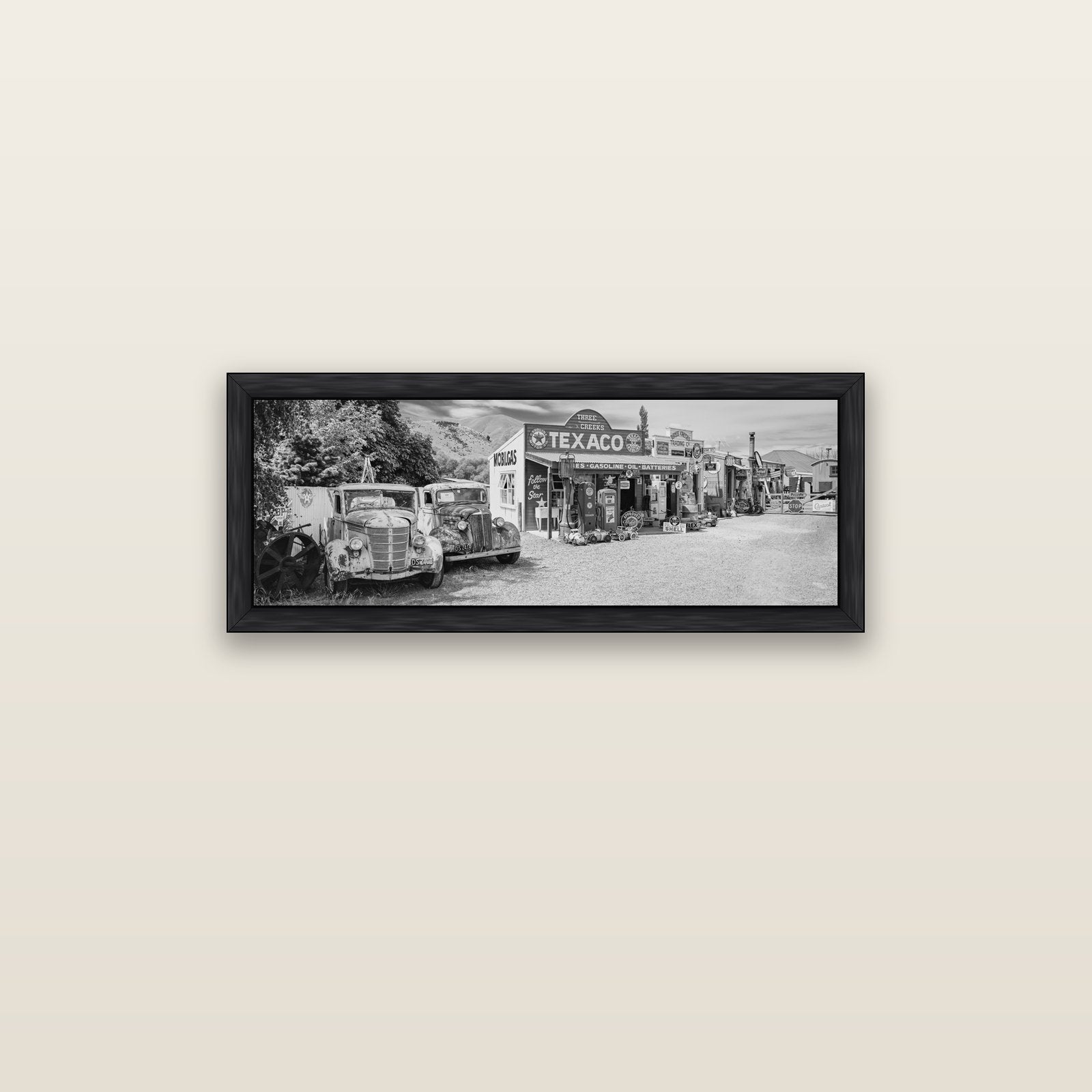 Texaco Time Capsule, Burkes Pass — black float frame canvas, 91 × 31 cm. New Zealand fine art landscape wall art by Stephen Milner.