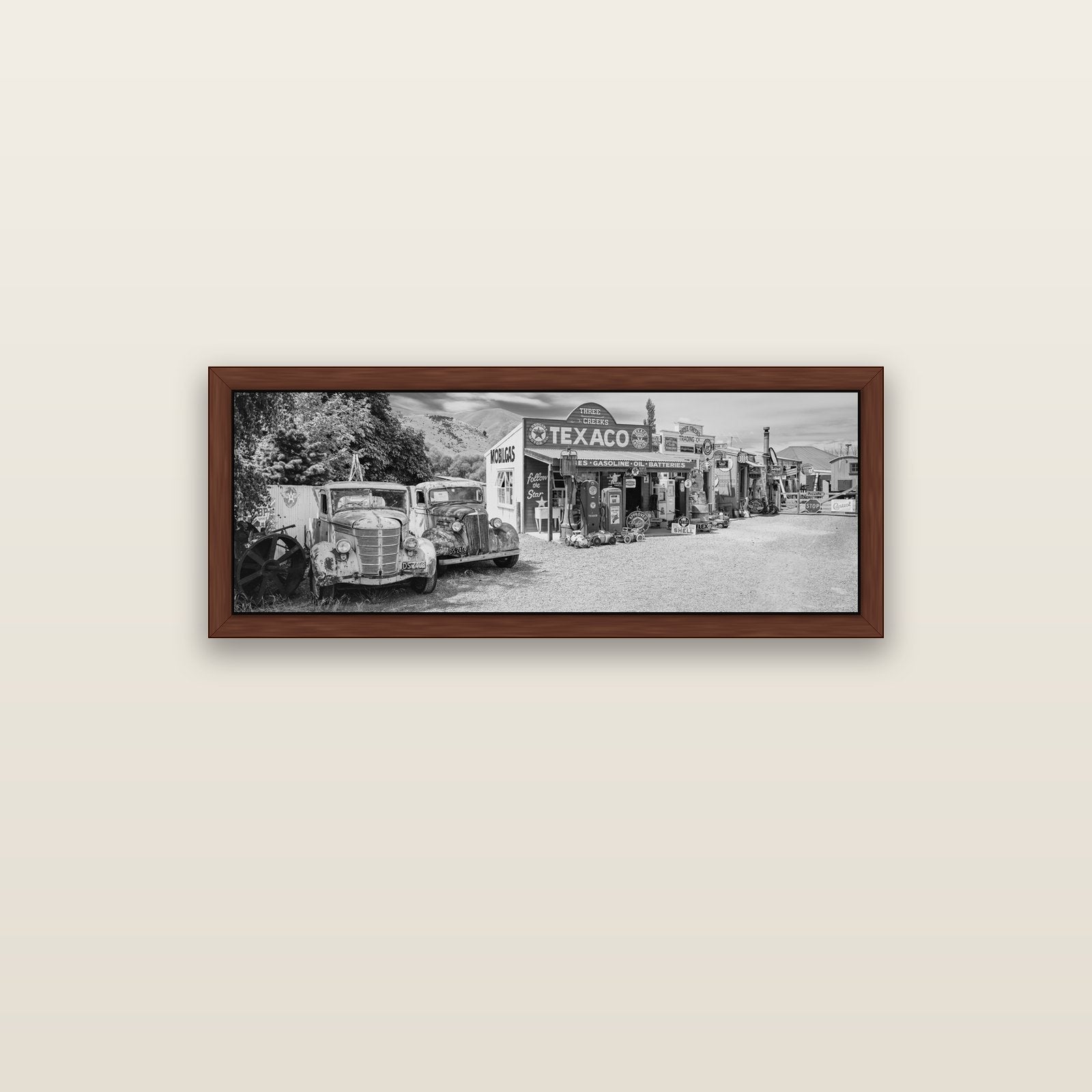 Texaco Time Capsule, Burkes Pass — brown float frame canvas, 102 × 36 cm. New Zealand fine art landscape wall art by Stephen Milner.