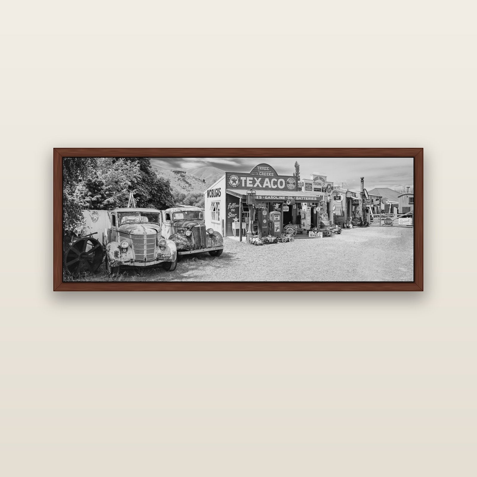 Texaco Time Capsule, Burkes Pass — brown float frame canvas, 152 × 56 cm. New Zealand fine art landscape wall art by Stephen Milner.