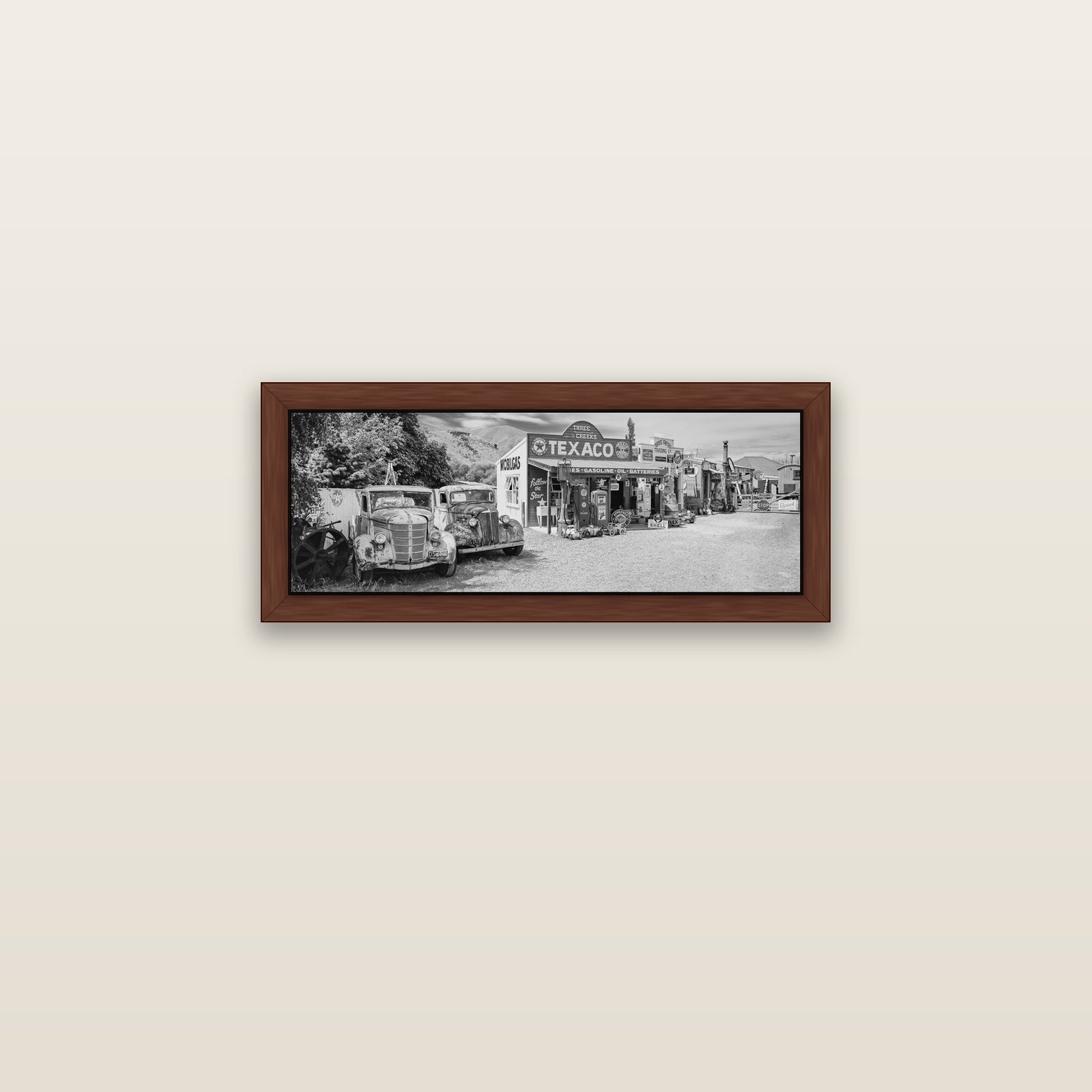 Texaco Time Capsule, Burkes Pass — brown float frame canvas, 71 × 25 cm. New Zealand fine art landscape wall art by Stephen Milner.