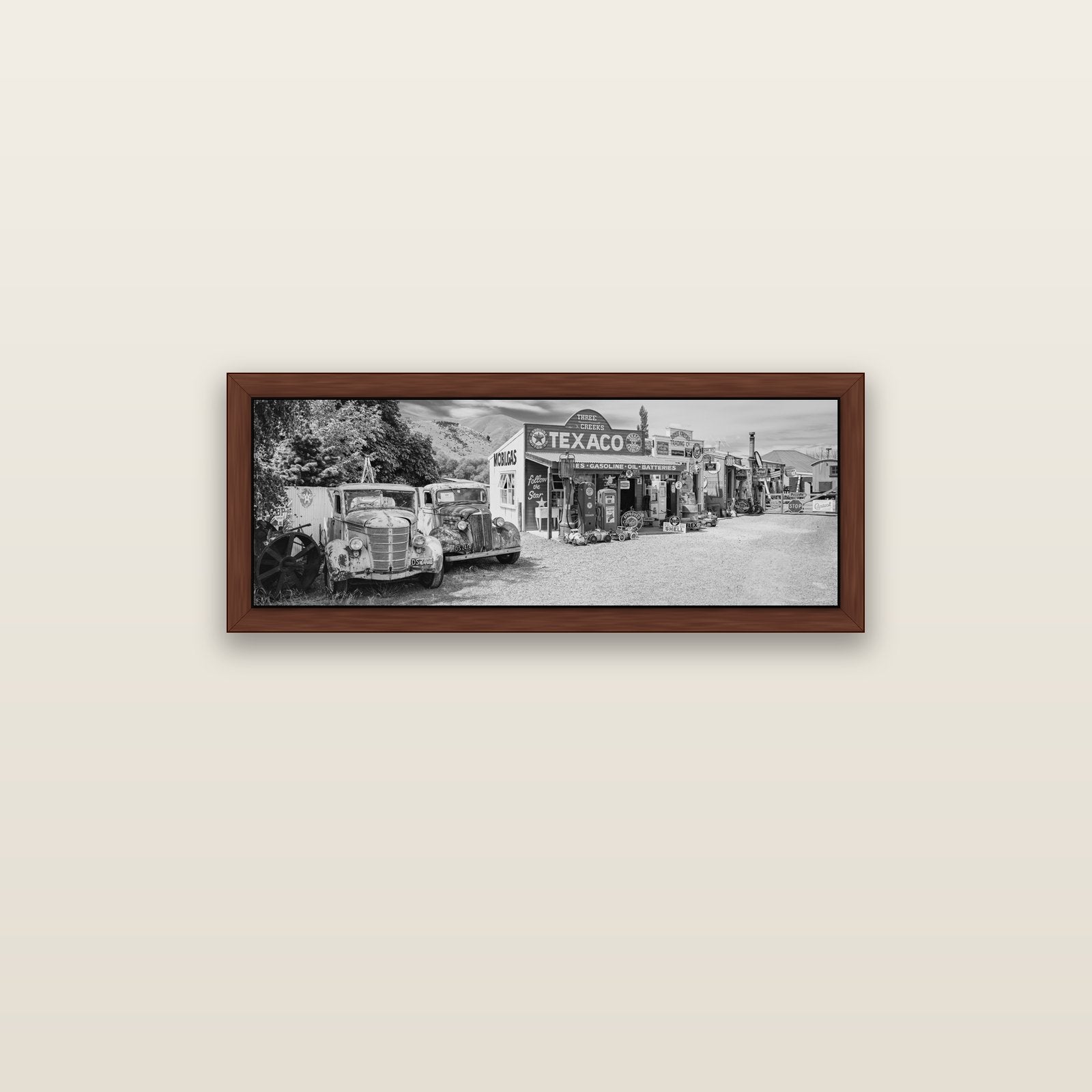 Texaco Time Capsule, Burkes Pass — brown float frame canvas, 91 × 31 cm. New Zealand fine art landscape wall art by Stephen Milner.