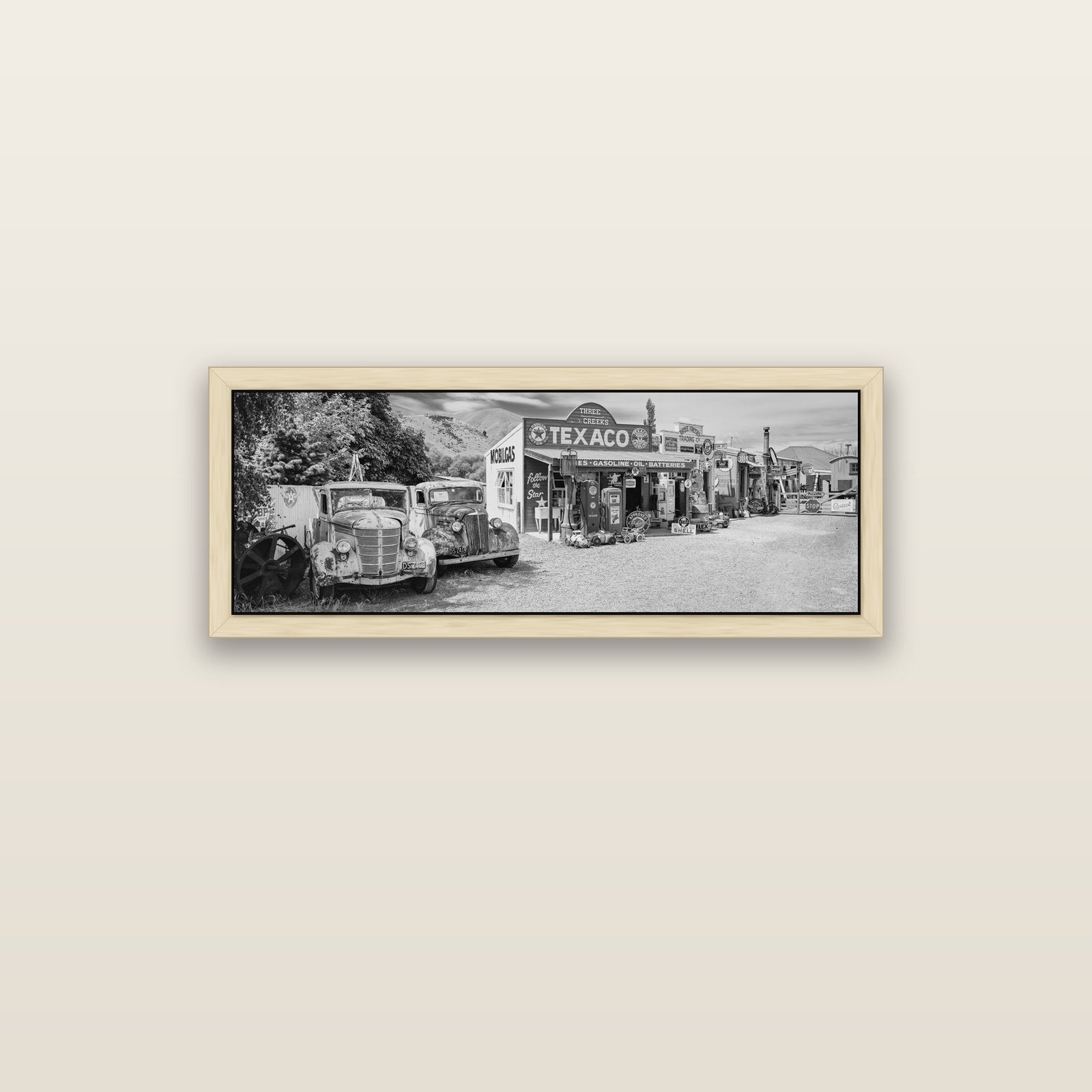Texaco Time Capsule, Burkes Pass — natural float frame canvas, 102 × 36 cm. New Zealand fine art landscape wall art by Stephen Milner.