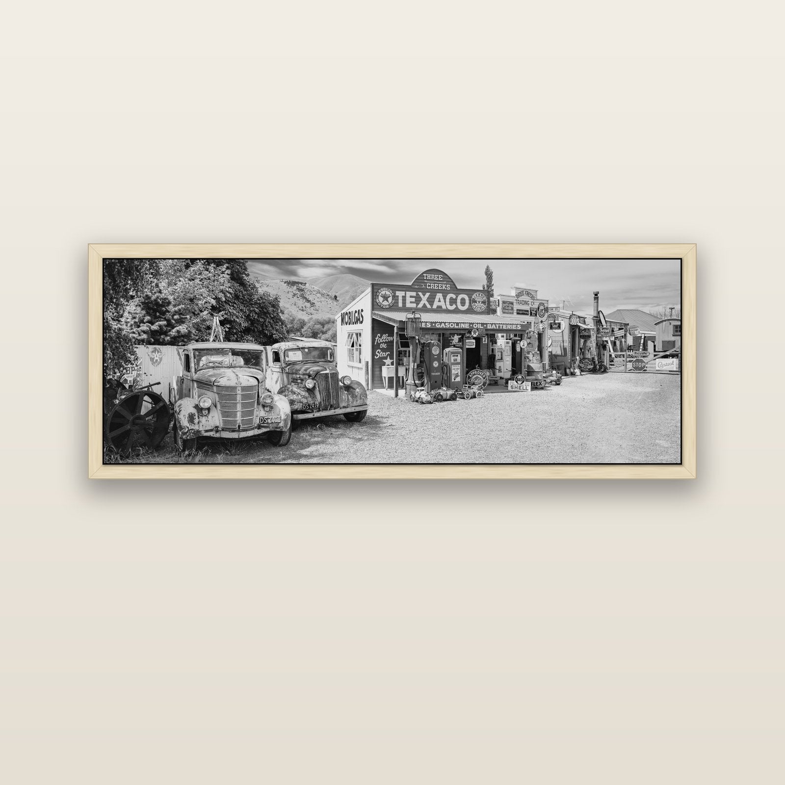 Texaco Time Capsule, Burkes Pass — natural float frame canvas, 152 × 56 cm. New Zealand fine art landscape wall art by Stephen Milner.