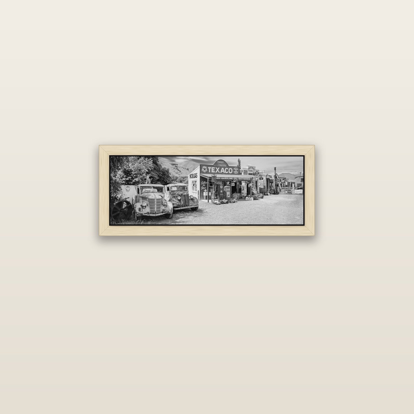 Texaco Time Capsule, Burkes Pass — natural float frame canvas, 71 × 25 cm. New Zealand fine art landscape wall art by Stephen Milner.