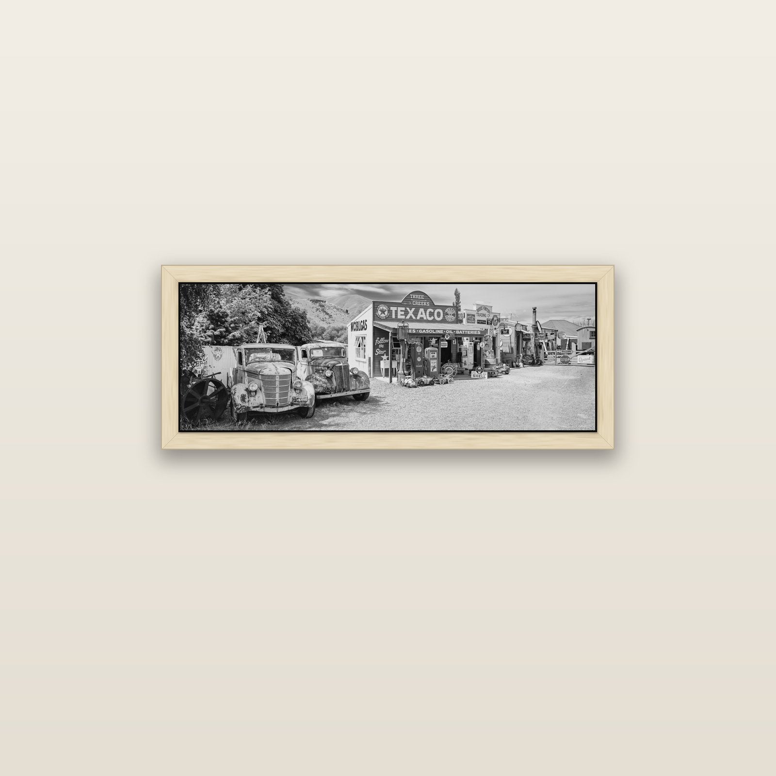 Texaco Time Capsule, Burkes Pass — natural float frame canvas, 91 × 31 cm. New Zealand fine art landscape wall art by Stephen Milner.